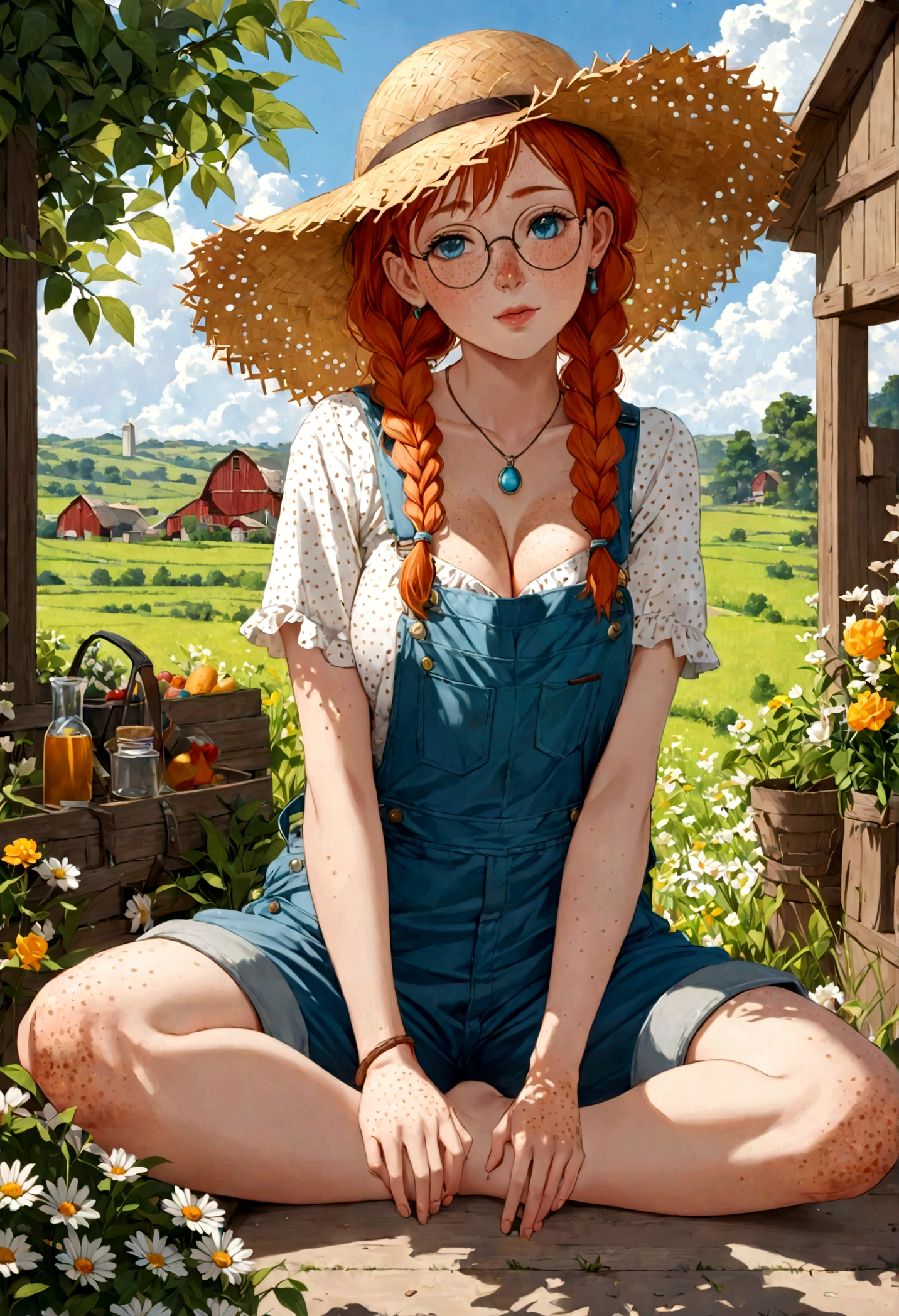 (masterpiece:1.4), (best quality), (detailed), (8k), masterpiece, full body, farm woman, female, solo, blue eyes, cleavage, straw hat, long twin braids, (orange hair), bronze round glasses, small thin silver necklace with a turquoise stone, overalls, suspenders, (yellow frilly shirt), ((freckled skin, lots of freckles on breasts)), (DD freckled breasts), ((small scars on body, acne scarred skin)) ,sitting on garden flowers,cloud,(((masterpiece,best quality))),((good structure,Good composition,good atomy)), ((original,beautiful)), detailed, dirty