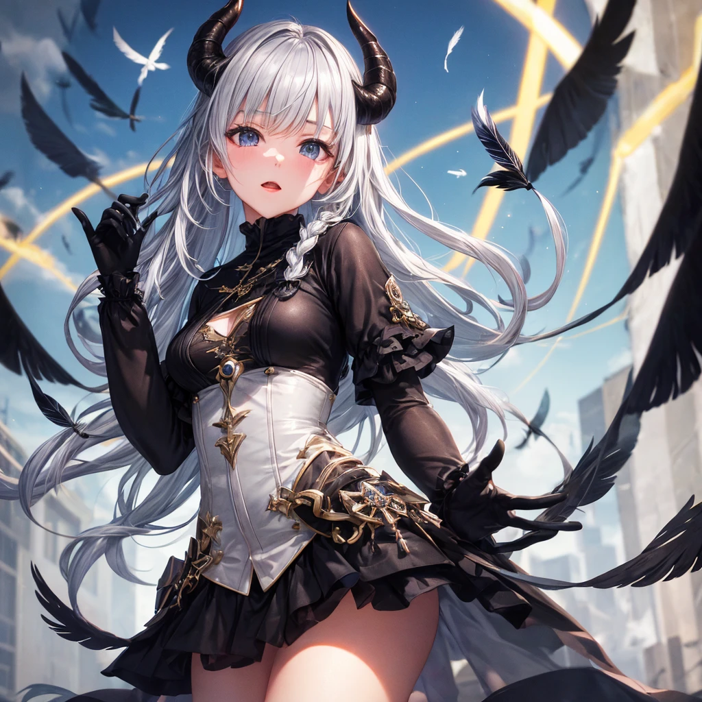 After image, Bokeh, Blurred foreground, Wide Shot, 超High resolution, retina, masterpiece, Attention to detail, highest quality, High resolution, 4K,god々In a cool atmosphere、A demon with short braided silver hair comes down from the sky、Black feathers flutter、The devil&#39;s wings spread across his back、The background is the night sky、With the full moon in the background、heavy chest、Curvy、Captivating body、Ultra-detailed skin、Beautiful eyes、Detailed Background、naked、(fucked silly:1.2)
