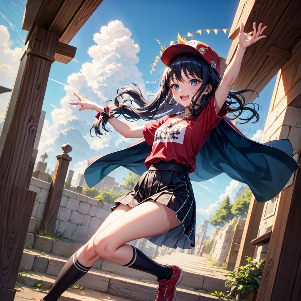 Red Blue Hair、Golden Eyes、Braid、One good looking girl、solo、anime、Checkered mini skirt、Ruffles on the skirt、Red T-shirt、Cape、Gothic、Black knee-high socks、Wearing a baseball cap、Wearing a ribbon、Ribbon on waist、Tilting face、Teeth are visible、Sunset sky、Piercing the clouds、Contrail、Cumulonimbus、Pillar of Light、Silver coin necklace、A world of light、Spreading his arms for balance、shine、Tap from above、bell、torii、Desert Oasis、Magic square in the sky