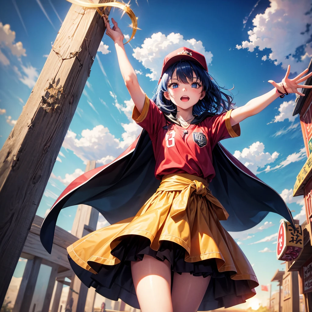 Red Blue Hair、Golden Eyes、Braid、One good looking girl、solo、anime、Checkered mini skirt、Ruffles on the skirt、Red T-shirt、Cape、Gothic、Black knee-high socks、Wearing a baseball cap、Wearing a ribbon、Ribbon on waist、Tilting face、Teeth are visible、Sunset sky、Piercing the clouds、Contrail、Cumulonimbus、Pillar of Light、Silver coin necklace、A world of light、Spreading his arms for balance、shine、Tap from above、bell、torii、Desert Oasis、Magic square in the sky