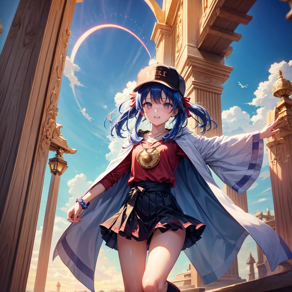 Red Blue Hair、Golden Eyes、Braid、One good looking girl、solo、anime、Checkered mini skirt、Ruffles on the skirt、Red T-shirt、Cape、Gothic、Black knee-high socks、Wearing a baseball cap、Wearing a ribbon、Ribbon on waist、Tilting face、Teeth are visible、Sunset sky、Piercing the clouds、Contrail、Cumulonimbus、Pillar of Light、Silver coin necklace、A world of light、Spreading his arms for balance、shine、Tap from above、bell、torii、Desert Oasis、Magic square in the sky