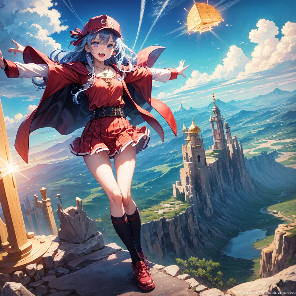 Red Blue Hair、Golden Eyes、Braid、One good looking girl、solo、anime、Checkered mini skirt、Ruffles on the skirt、Red T-shirt、Cape、Gothic、Black knee-high socks、Wearing a baseball cap、Wearing a ribbon、Ribbon on waist、Tilting face、Teeth are visible、Sunset sky、Piercing the clouds、Contrail、Cumulonimbus、Pillar of Light、Silver coin necklace、A world of light、Spreading his arms for balance、shine、Tap from above、bell、torii、Desert Oasis、Magic square in the sky