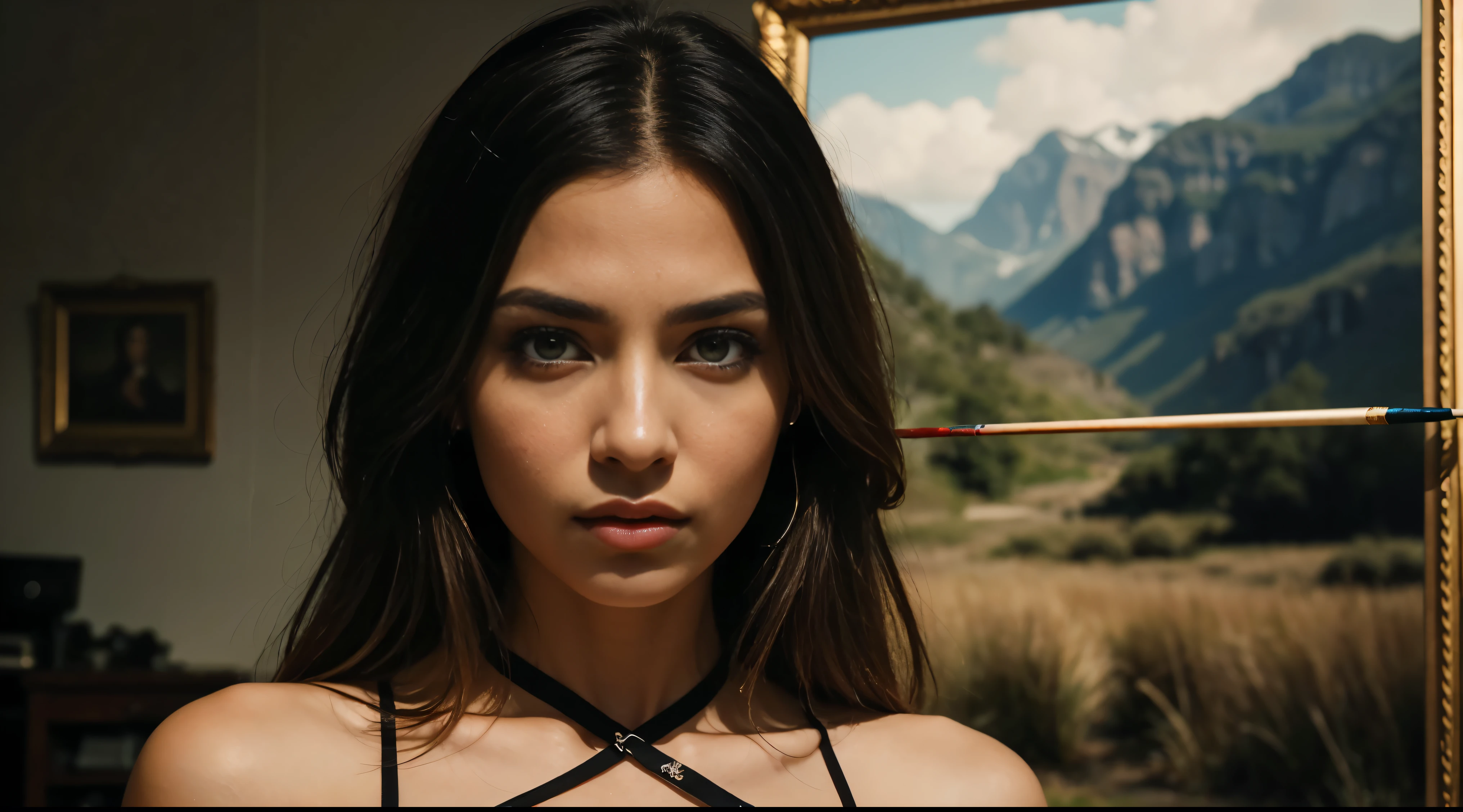 A captivating painting of a beautiful indigenous woman, her face radiant with a perfect expression of determination as she gazes intently at her target. She is poised to shoot her arrow from a bow, her eyes filled with steely resolve. The background is a lush, vibrant landscape that accentuates the contrast of the striking and detailed beauty of the lovely warrior. The overall atmosphere of the portrait is rich in color and emotion, showcasing the exquisite artistry of the scene., painting, portrait photography, vibrant