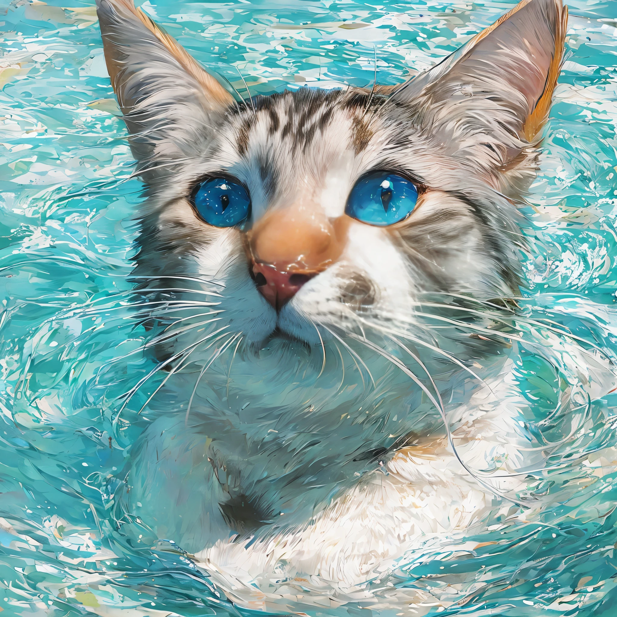 A swimming tabby cat,Bright Eyes,Sunlight,Blue sky,White Cloud,