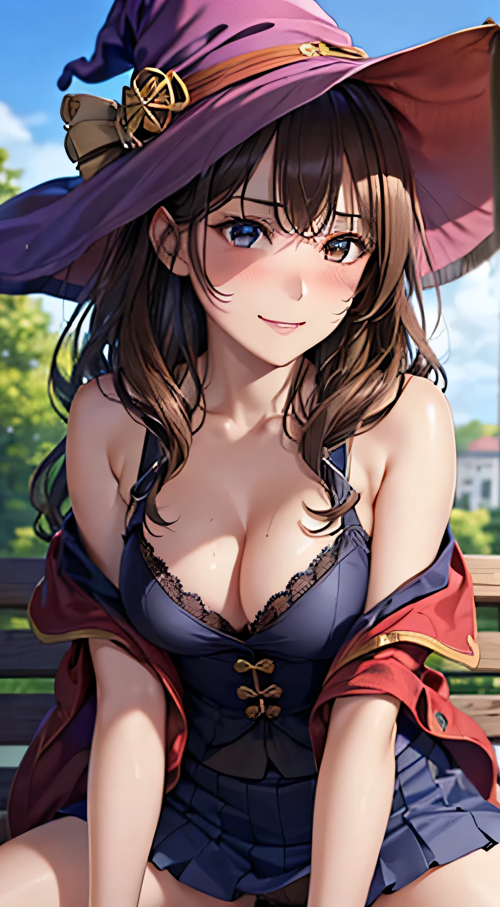 ((Tabletop, highest quality, High resolution, , Pixel Perfect, 4K, ))), Beautiful woman,, alone, beauty、The whole body is visible、 (((Sexy Witch Cosplay), Long dark blonde wavy hair、Off-the-shoulder jacket,　Dark blue flared skirt、Witch Hat、Mid-wave hair, bangs, Brown Hair)), ((Brown eyes, Beautiful eyelashes, Realistic eyes)), ((Detailed face, Blushing:1.2)), ((Smooth texture:0.75, Realistic texture:0.65, Realistic:1.1, Anime CG Style)), Center of chest, Dynamic Angle, Perfect body, ((,)), Leaning forward、、、Very embarrassing panic smile, 、Castle town park、Sit on a bench、(Spread your legs, Pink lace panties are fully visible、、、、)、Angle from below