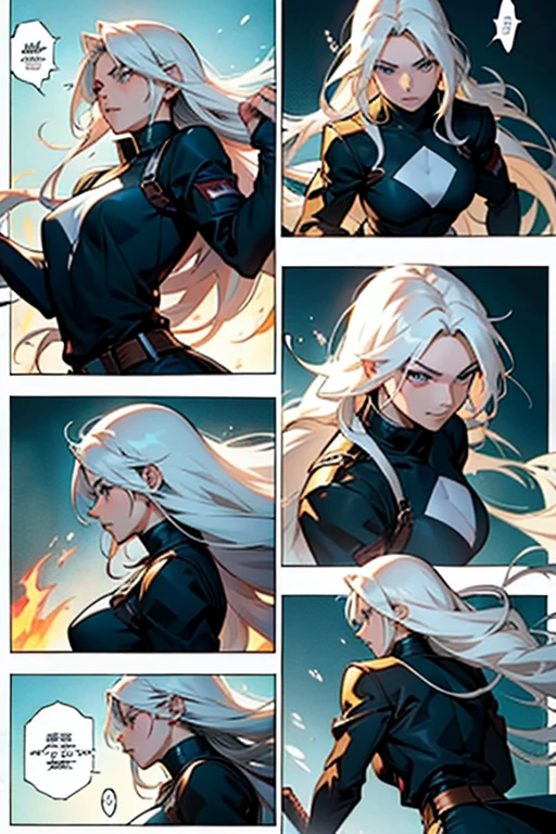 Girl with long white hair fighting, detailed hands, manga page with panels and dialogue 