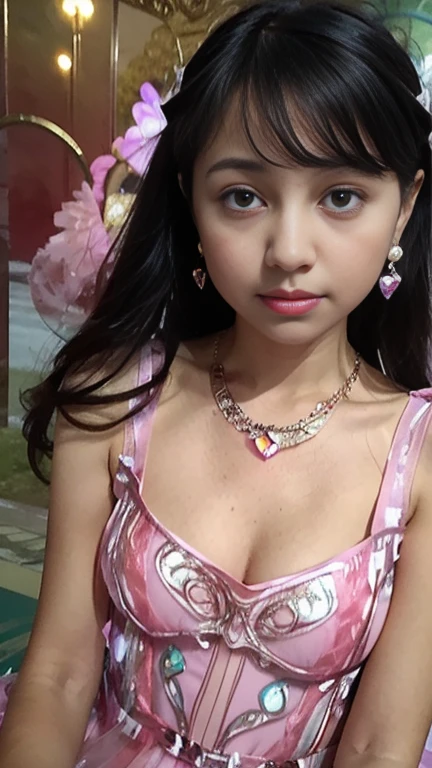 8K, ultra hd, masterpiece, 1 girl, (good face:1.4), detailed eyes, long hair, impressive hairstyle, earings, necklace, small breasts, (pink dress:1.5), see-through, (fantasy dress:1.5) Light-colored foundation brings out the transparency of the skin, (in the wonderland:1.5), mystery, diwali lights, glowing lights, very decoration, The lights falls like water, perfect front body,