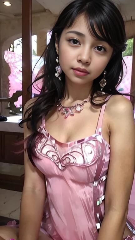 8K, ultra hd, masterpiece, 1 girl, (good face:1.4), detailed eyes, long hair, impressive hairstyle, earings, necklace, small breasts, (pink dress:1.5), see-through, (fantasy dress:1.5) Light-colored foundation brings out the transparency of the skin, (in the wonderland:1.5), mystery, diwali lights, glowing lights, very decoration, The lights falls like water, perfect front body,