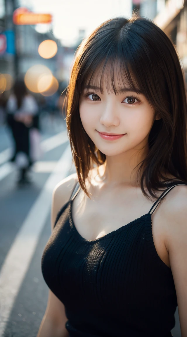 (highest quality,masterpiece:1.3,ultra high resolution),(Super detailed,caustics,8k),(photorealistic:1.4,RAW shooting),1 girl,(look at the camera with a smile),20-year-old,cute,Japanese,black hair long bronde, Knitted dresses, big ,bust up shot, Tokyo street, Night, face focus, Natural light, Backlight, (A bright light shines from above), (Lens flare), professional writing, (low position), (Low - Angle)
