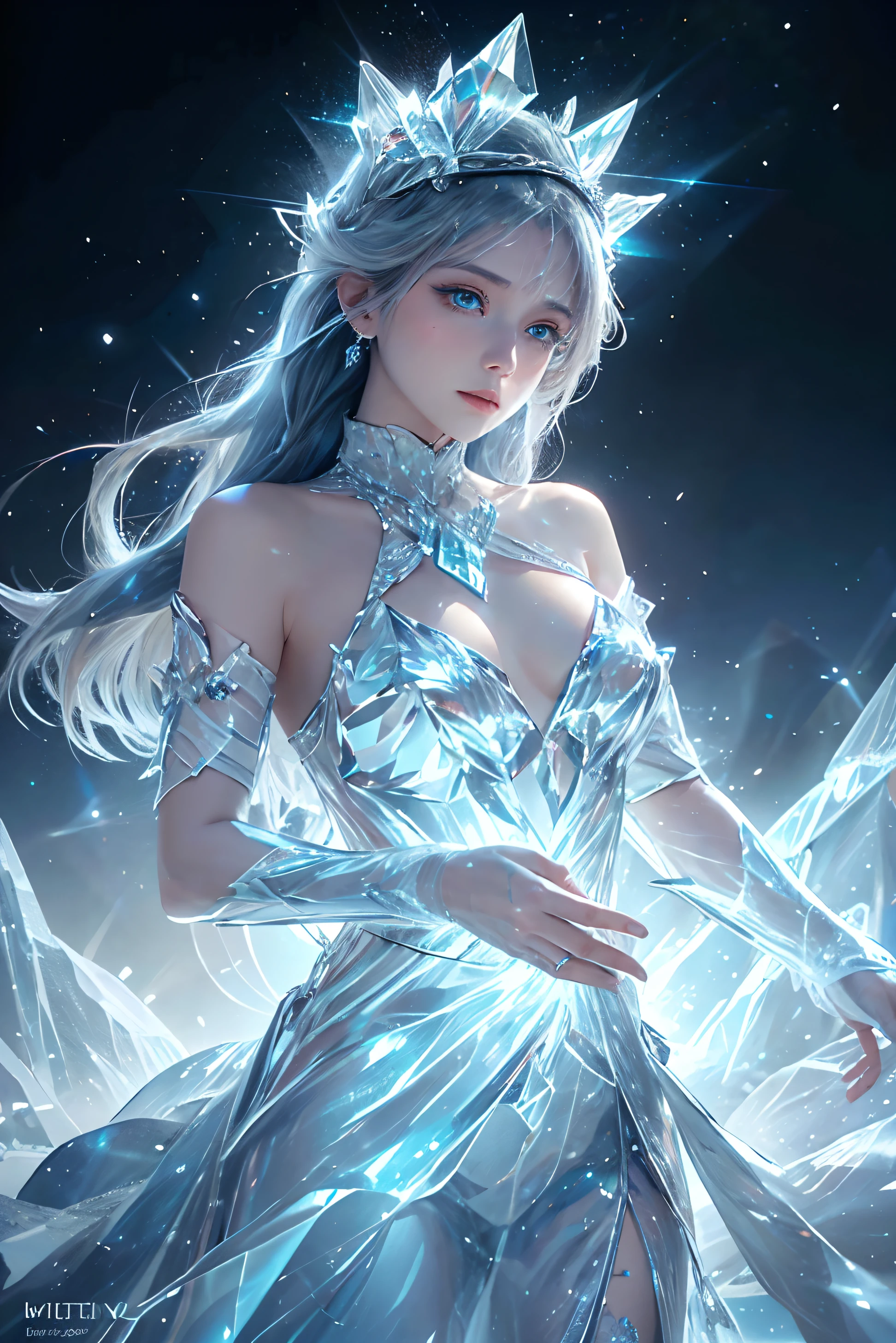 "Masterpiece, Best quality, High detail, High accuracy, 1 person, Divine being, Divine magic, Ice Gods, He stands in the middle of the frozen wasteland, Its presence generates eternal winter. Her eyes, Centerpiece, Sparkle with sparkling icy water, Reflecting deep stories of frozen worlds, (Sharp eyeliner, Eye shadows, Detailed eyes:1.1). Blue crystal dress, Blue crystals, Bare shoulders, Reflects blue color, Lights on crystals, Post blue lights. surrounding, Swirling snowflakes and frost patterns dance in the cinematic light, Cast mesmerizing reflections. Her clothes, A combination of delicate frost and complex ice patterns, Cold stems, Yet it possesses a mysterious beauty. The atmosphere is chilling, With the expanse of icy terrain illuminated by the ethereal glow emanating from her aura. The entire picture exudes a sense of frozen majesty and divine power. 16k resolution, Photorealistic style with cinematic lighting."