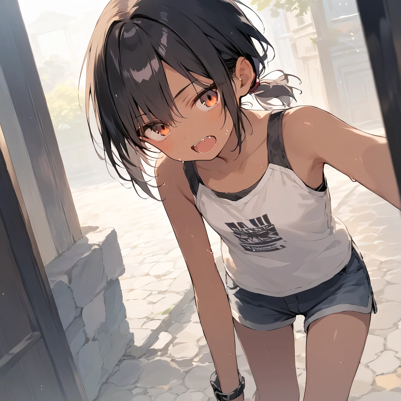 score_9, score_8_up, score_7_up, source_anime, best quality, masterpiece,official art, absurdres, highres, waifu2x,break,1girl, tomboy, dark-skinned female, short hair, low ponytail, flat chest,  beautiful detailed eyes, short shorts, sweat, open mouth, (yawn:0.3),  sleepily, outdoors, break,(clear line illustration:1.2),very high resolution, very aesthetic, super detailed skin, Best sexual lighting powered by famous artist, 8k,cute picture,beauty illustration,photoshop_(medium),,(Detailed Lighting)
