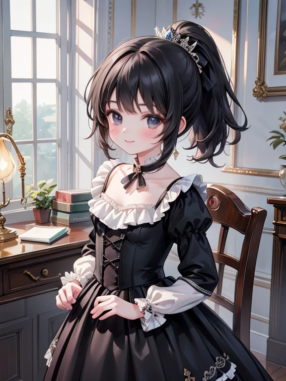 masterpiece, highest quality, Very detailed, 16k, Ultra-high resolution, Cowboy Shot, Detailed face, Perfect Fingers, ***************, smile, Super big , black eye, Black Hair, ponytail, victorian dress, Crimson Dress, royal palace, Dance Venues, Stand in the center