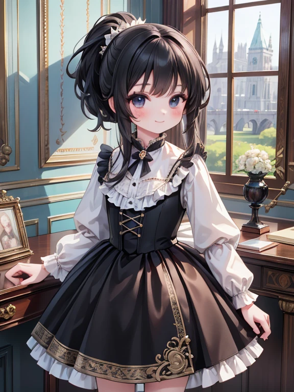 masterpiece, highest quality, Very detailed, 16k, Ultra-high resolution, Cowboy Shot, Detailed face, Perfect Fingers, 7--old l, smile, Super big , black eye, Black Hair, ponytail, victorian dress, Crimson Dress, royal palace, Dance Venues, Stand in the center