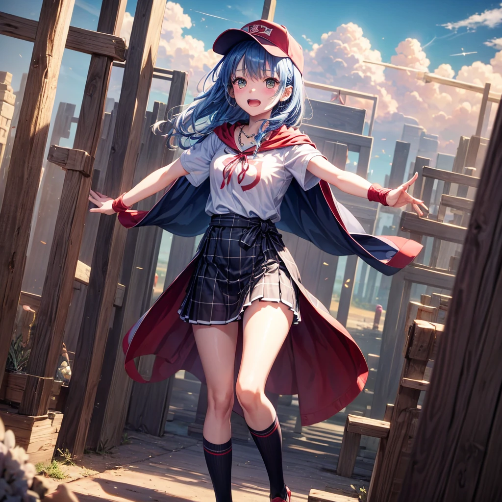 Red Blue Hair、Golden Eyes、Braid、One good looking girl、solo、anime、Checkered mini skirt、Ruffles on the skirt、Red T-shirt、Cape、Gothic、Black knee-high socks、Wearing a baseball cap、Wearing a ribbon、Ribbon on waist、Tilting face、Teeth are visible、Sunset sky、Piercing the clouds、Contrail、Cumulonimbus、Pillar of Light、Silver coin necklace、A world of light、Spreading his arms for balance、shine、Tap from above、bell、torii、Desert Oasis、Magic square in the sky