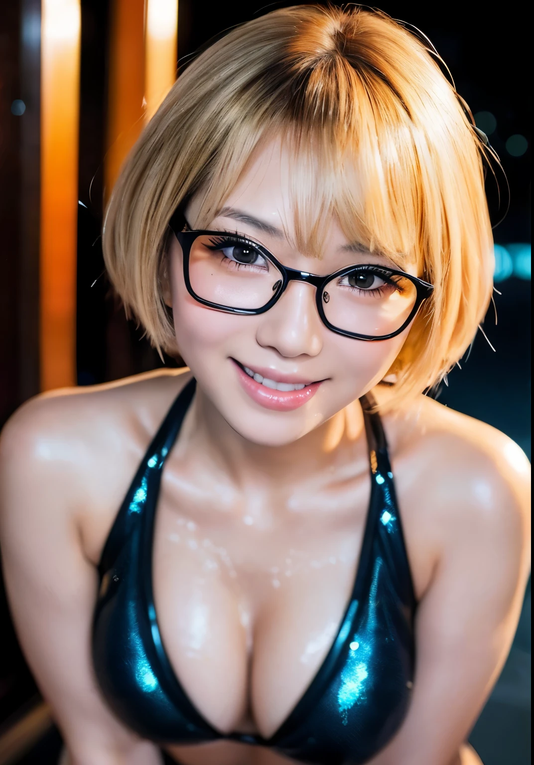 Thai Idol　Mature Woman　Age 35　plump and glamorous figure,　(Blonde shorthair with bangs)　((Glasses))　スーパーシャイニーbright red lips　Duck Mouth　Ultra-shiny enamel metallic bikini　Blushed　((Cyberpunk night city with shining laser beams))　Portraiture　Looking into the camera　((dressing))　蒸し暑くてSweaty光沢のある顔　Sweaty　Sweaty, Blushed　Frontal eye contact　Kissing Face　Sitting with legs apart　Cute Smile　Portraiture　masterpiece　Big brown eyes　Drawn from below　(Soaking wet woman)　(sunset)　Ecstasy Facial Expressions　((Sunburned, Tan Skin))　((Mature Woman))　Smoky makeup with black mascara　Black Swimsuit　A shining face with extravagant makeup