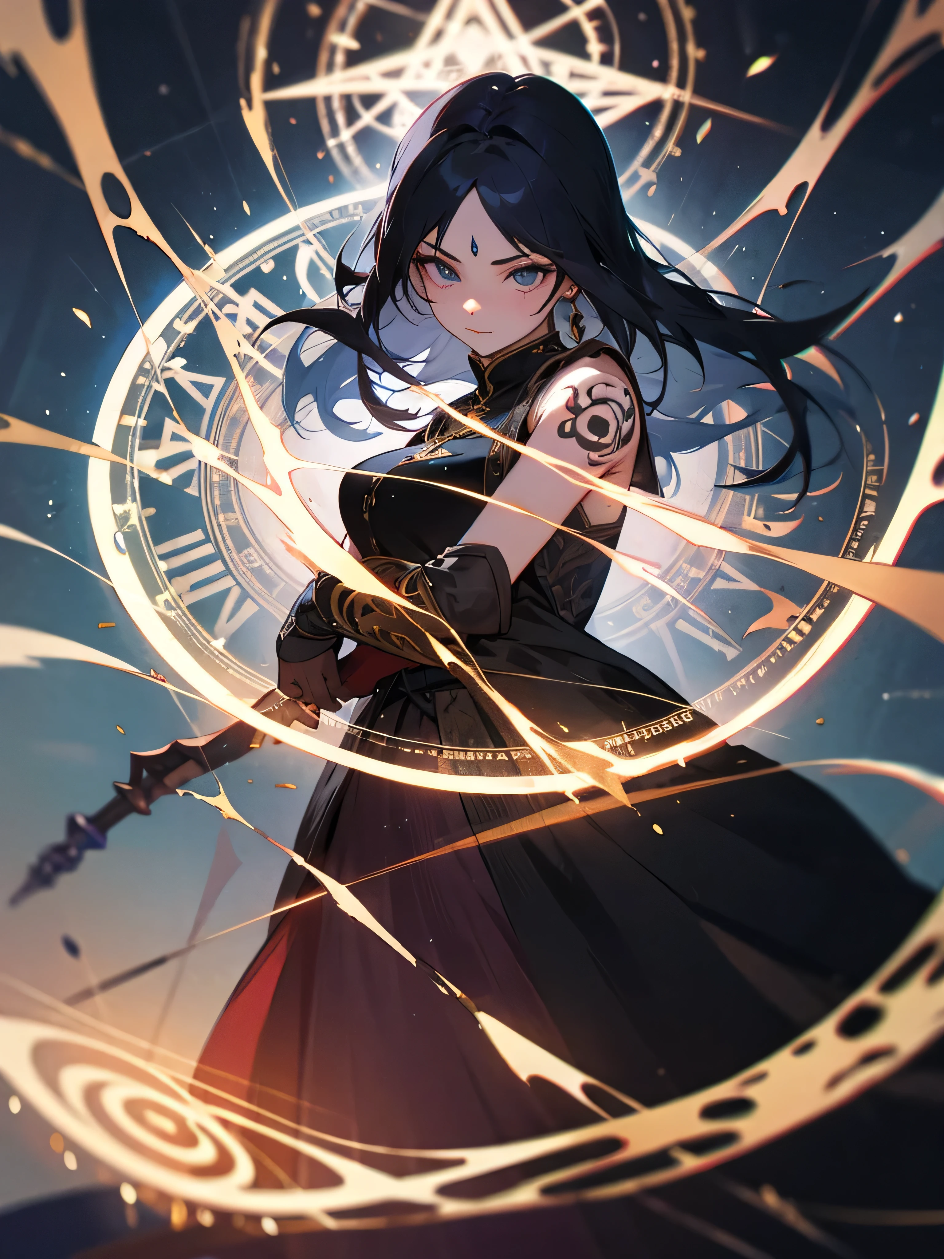1 adult woman, depicted painting, tattoo, (cinematic), elaborate, magical power, detailed magic circle,