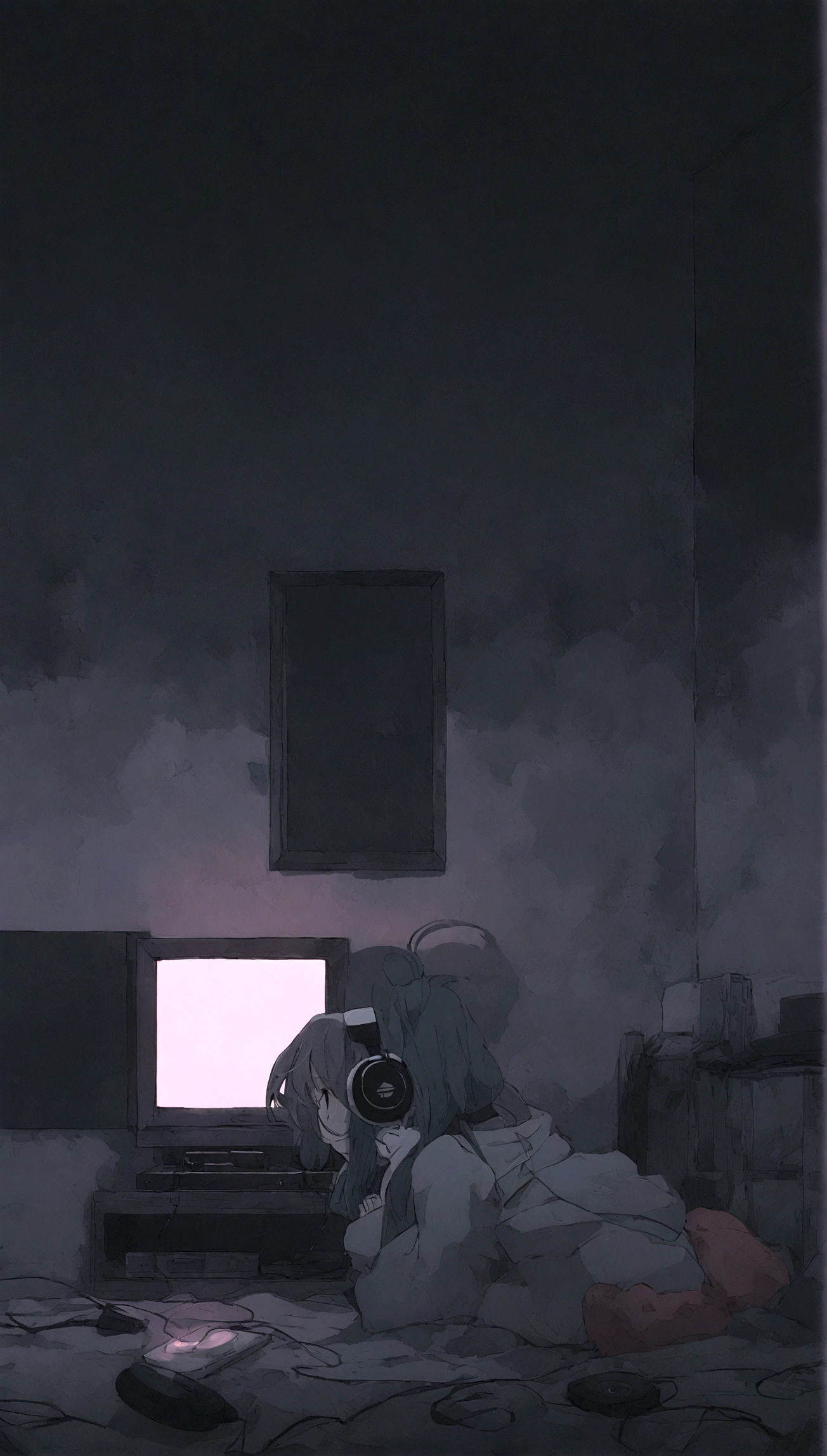 Girl listening to music in a cozy room at night, Use headphones, 2 d anime style, lo fi, hard disk, dark environment、Emo
