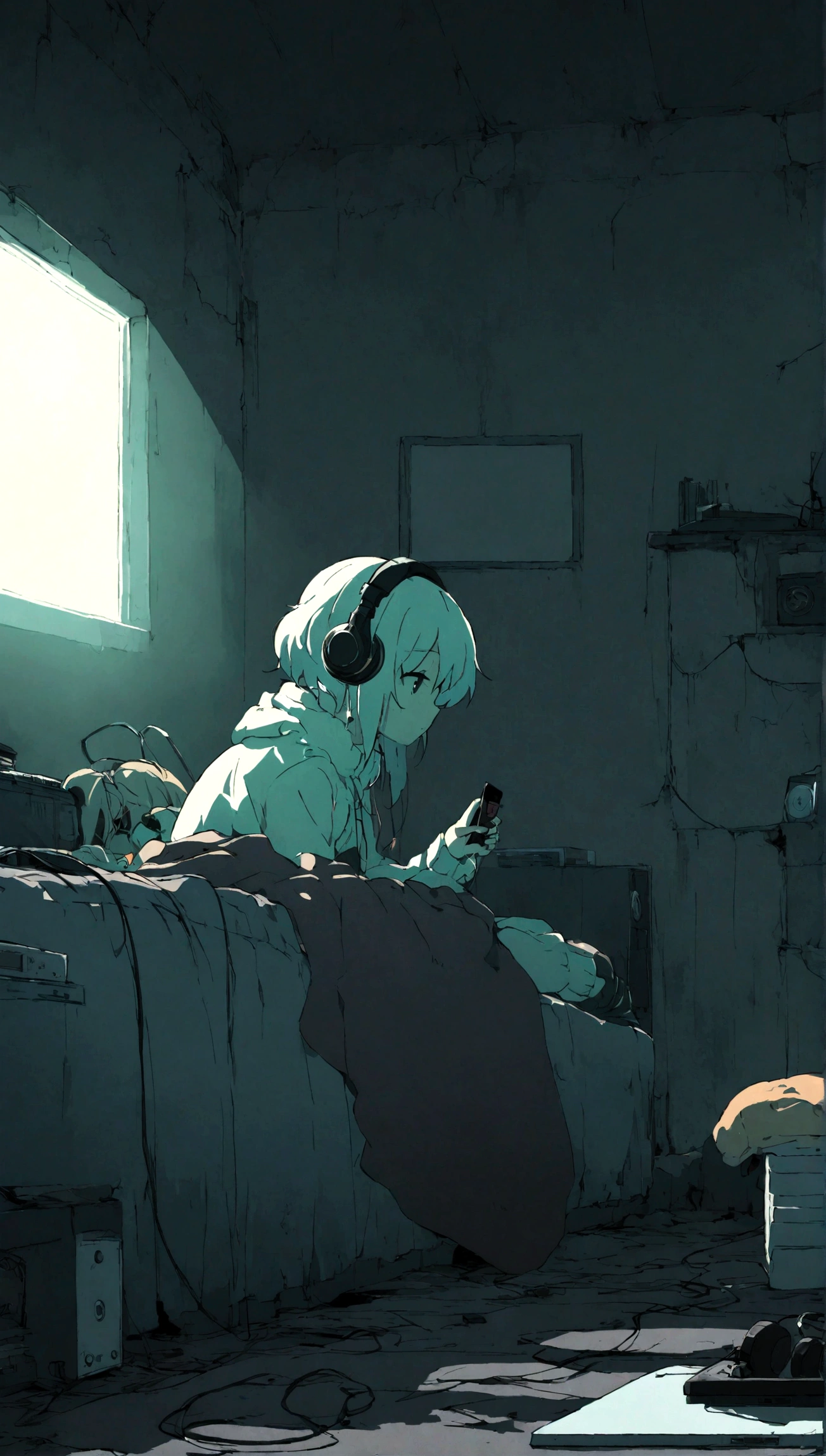 Girl listening to music in a cozy room at night, Use headphones, 2 d anime style, lo fi, hard disk, dark environment、Emo