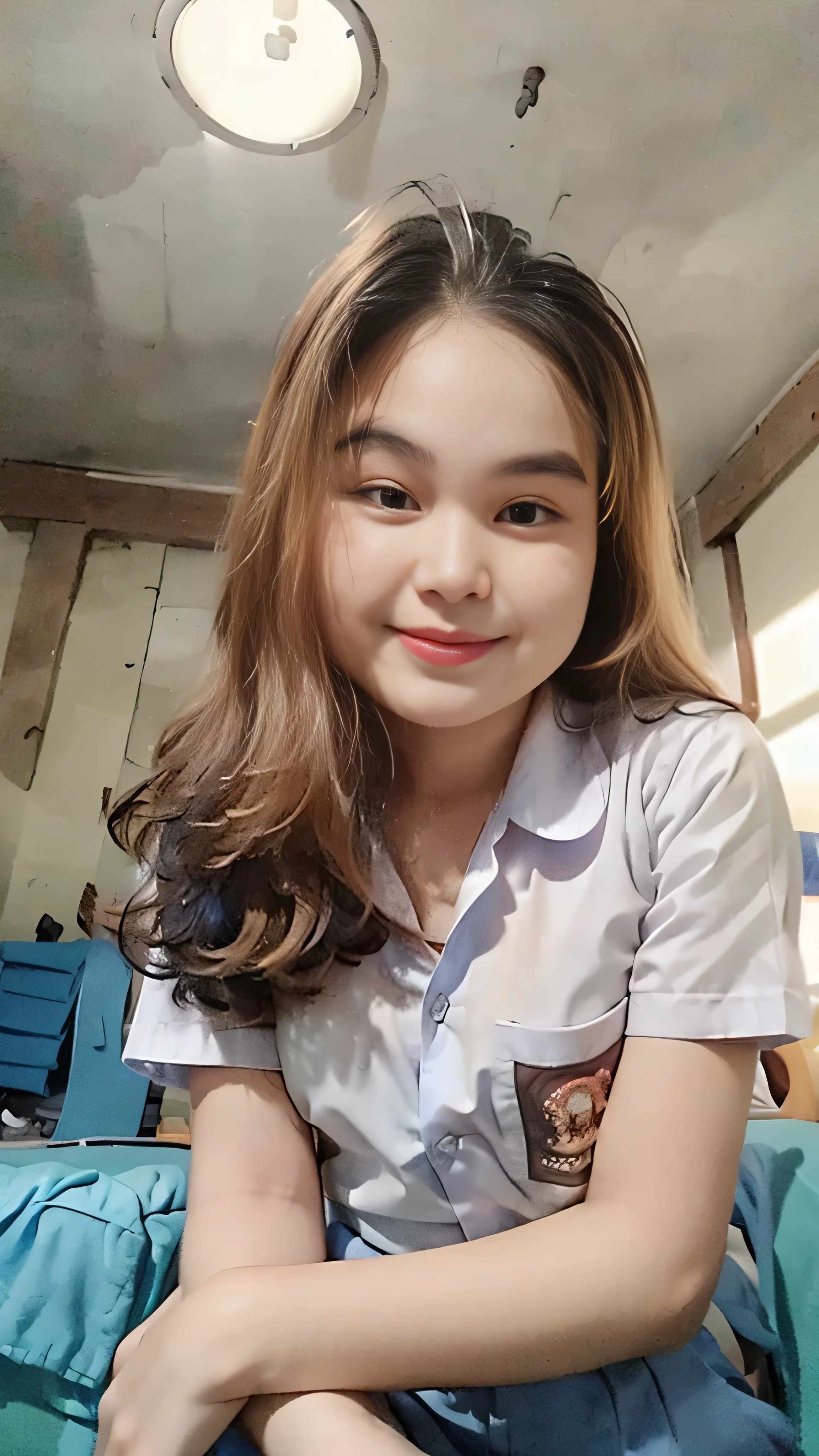 (8k, RAW photo, best quality, mastery:1.3), (realistic, photo-realistic:1.37), (looking viewer:1.331), posing Seductively, living room, soft light, 15 year old girl, short body, beautiful thighs, smaller chest, brunette hair, long hair, smile, white shirt, short sleeves, blue mini skirt