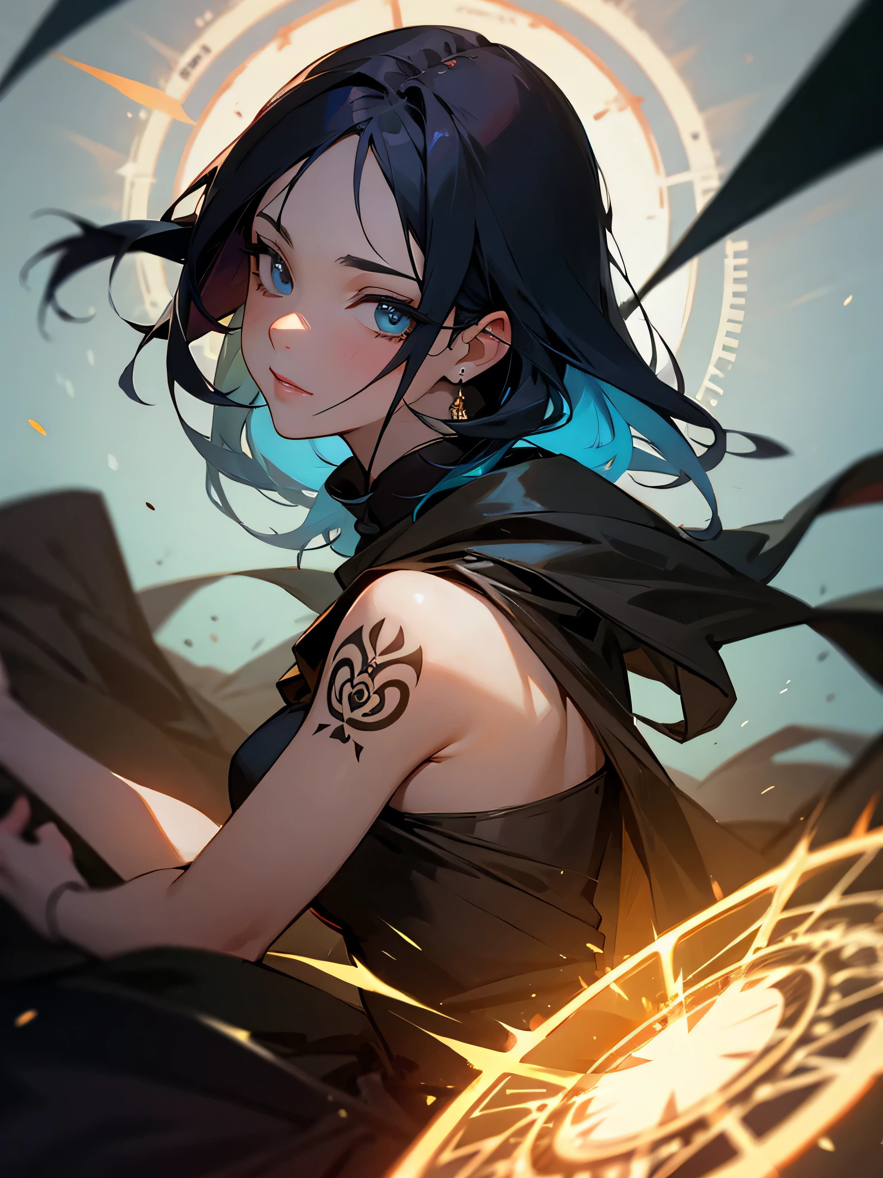 1 adult woman, depicted painting, tattoo, (cinematic), elaborate, magical power, detailed magic circle,