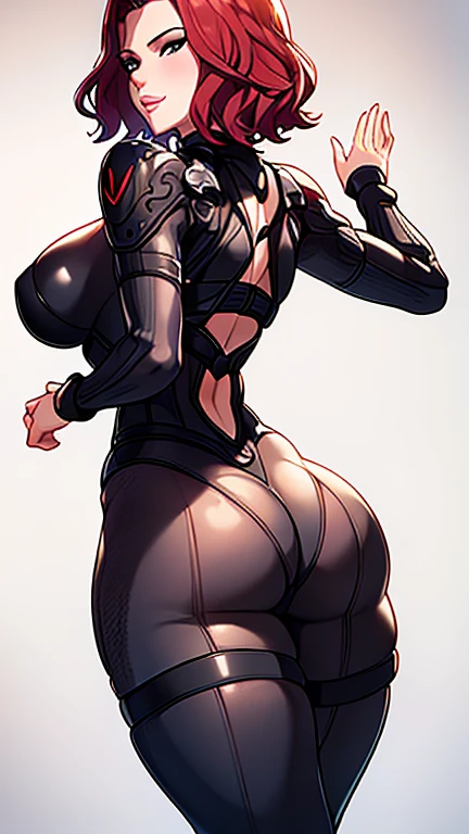(masterpiece), (Scarlett Johansson), (full body visible), (detailed view from behind), (Detailed eyes), (detailed nose), (detailed lips),(detailed thighs), (detailed feets),Bending forward with a wide leg stance, Black Widow's tight tactical suit highlights the roundness of her hips and buttocks. She looks back with a coy, seductive smile, her short red classic bob haircut, hair falling gracefully.