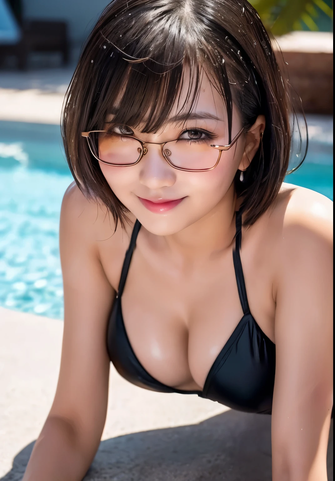 Thai Idol Mature Woman Age 35 plump and glamorous figure, (Blonde shorthair with bangs) ((Glasses)) スーパーシャイニーbright red lips Duck Mouth Ultra-shiny enamel metallic bikini Blushed ((Cyberpunk night city with shining laser beams)) Portraiture Looking into the camera ((dressing)) 蒸し暑くてSweaty光沢のある顔 Sweaty Sweaty, Blushed Frontal eye contact Kissing Face Sitting with legs apart Cute Smile Portraiture masterpiece Big brown eyes Drawn from below (Soaking wet woman) (sunset) Ecstasy Facial Expressions ((Sunburned, Tan Skin)) ((Mature Woman)) Smoky makeup with black mascara Black Swimsuit A shining face with extravagant makeup