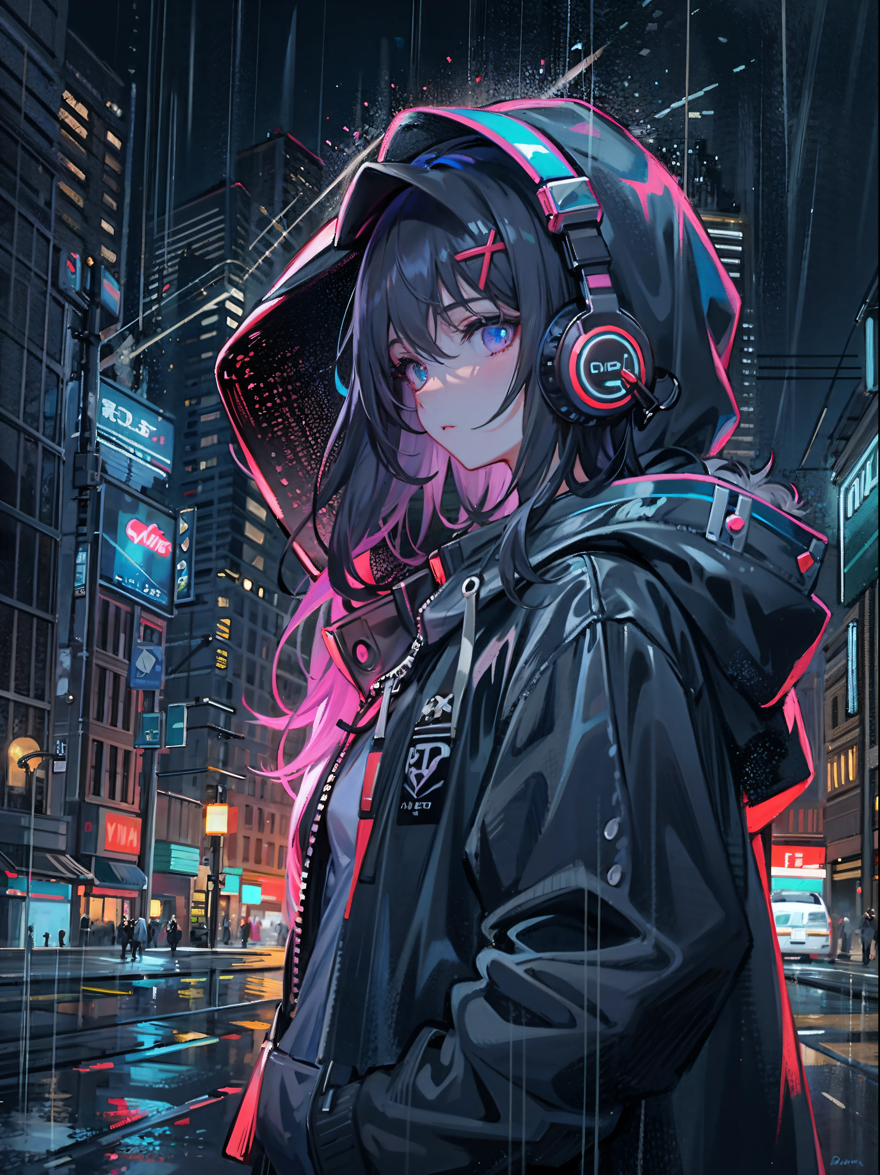 Masterpiece, Girl alone, Single, unbelievably ridiculous, A hoodie, headphones, street, outside, rain, neon,