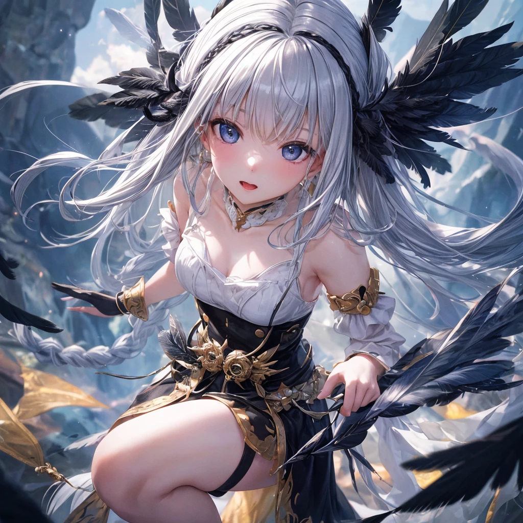 After image, Bokeh, Blurred foreground, Wide Shot, 超High resolution, retina, masterpiece, Attention to detail, highest quality, High resolution, 4K,god々In a cool atmosphere、A demon with short braided silver hair comes down from the sky、Black feathers flutter、The devil&#39;s wings spread across his back、The background is a full moon in the night sky、Beautiful full moon、heavy chest、Curvy、Captivating body、Ultra-detailed skin、Beautiful eyes、Detailed Background、naked、(fucked silly:1.2)