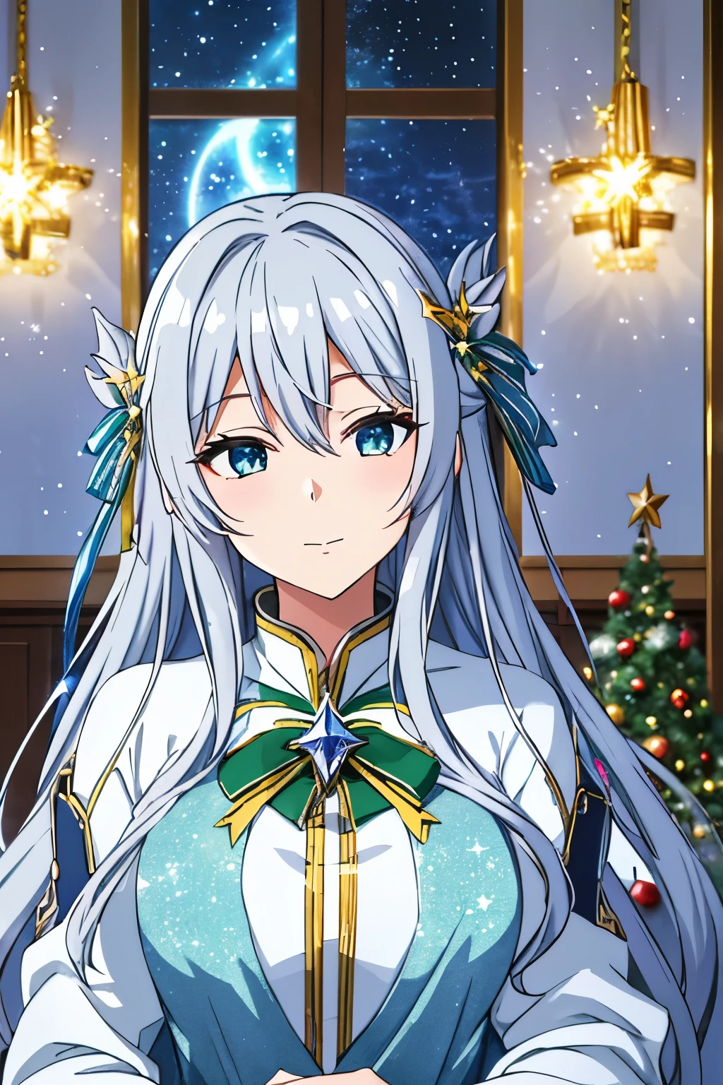 An enchanting image of Kuro no Tani Koko o Hoshi—the celestial maiden from the star Gemini the Northern Crown—gracefully posing indoors amid a tranquil winter landscape.. Its long, flowing silver hair shimmers against the background of a shining Christmas tree, decorated with sparkling decorations, reflecting the stars in her heavenly home.
She&#39;s wearing a stunning red Christmas dress, elegantly hugging her perfect shape., accented with candy stockings and a matching red headband, decorated with twinkling white stars.. A delicate red ribbon neatly ties her hair into a loose bun..