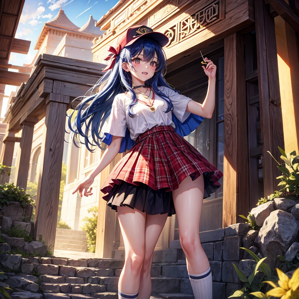 Red Blue Hair、Golden Eyes、Braid、One good looking girl、solo、anime、Checkered mini skirt、Ruffles on the skirt、Red T-shirt、Cape、Gothic、Black knee-high socks、Wearing a baseball cap、Wearing a ribbon、Ribbon on waist、Tilting face、Teeth are visible、Sunset sky、Piercing the clouds、Contrail、Cumulonimbus、Pillar of Light、Silver coin necklace、A world of light、shine、Tap from above、bell、torii、Desert Oasis、Magic square in the sky