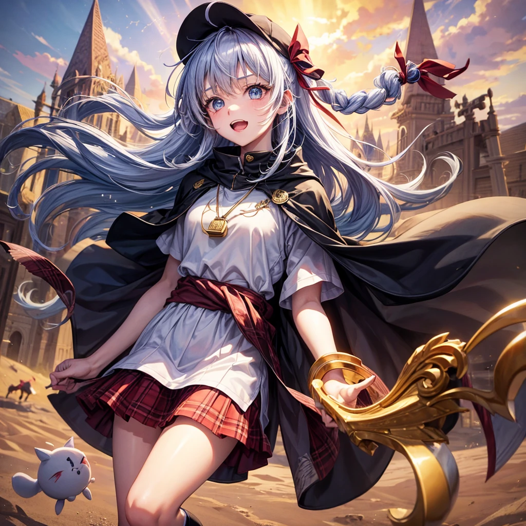 Red Blue Hair、Golden Eyes、Braid、One good looking girl、solo、anime、Checkered mini skirt、Ruffles on the skirt、Red T-shirt、Cape、Gothic、Black knee-high socks、Wearing a baseball cap、Wearing a ribbon、Ribbon on waist、Tilting face、Teeth are visible、Sunset sky、Piercing the clouds、Contrail、Cumulonimbus、Pillar of Light、Silver coin necklace、A world of light、shine、Tap from above、bell、torii、Desert Oasis、Magic square in the sky