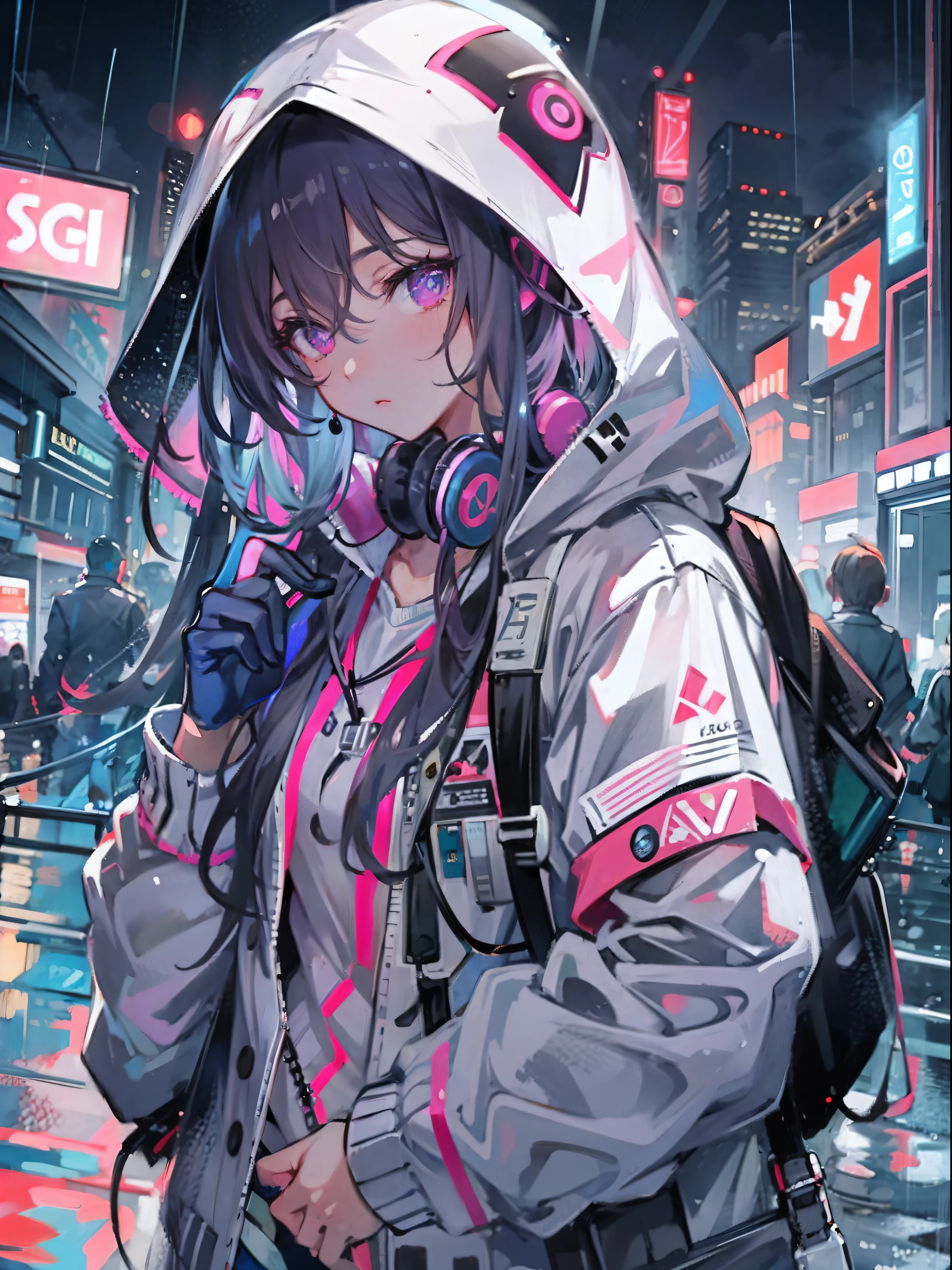 Masterpiece, Anime girl alone, unbelievably ridiculous, A hoodie, headphones, street, outside, rain, neon, Cyberpunk city, neon lights.