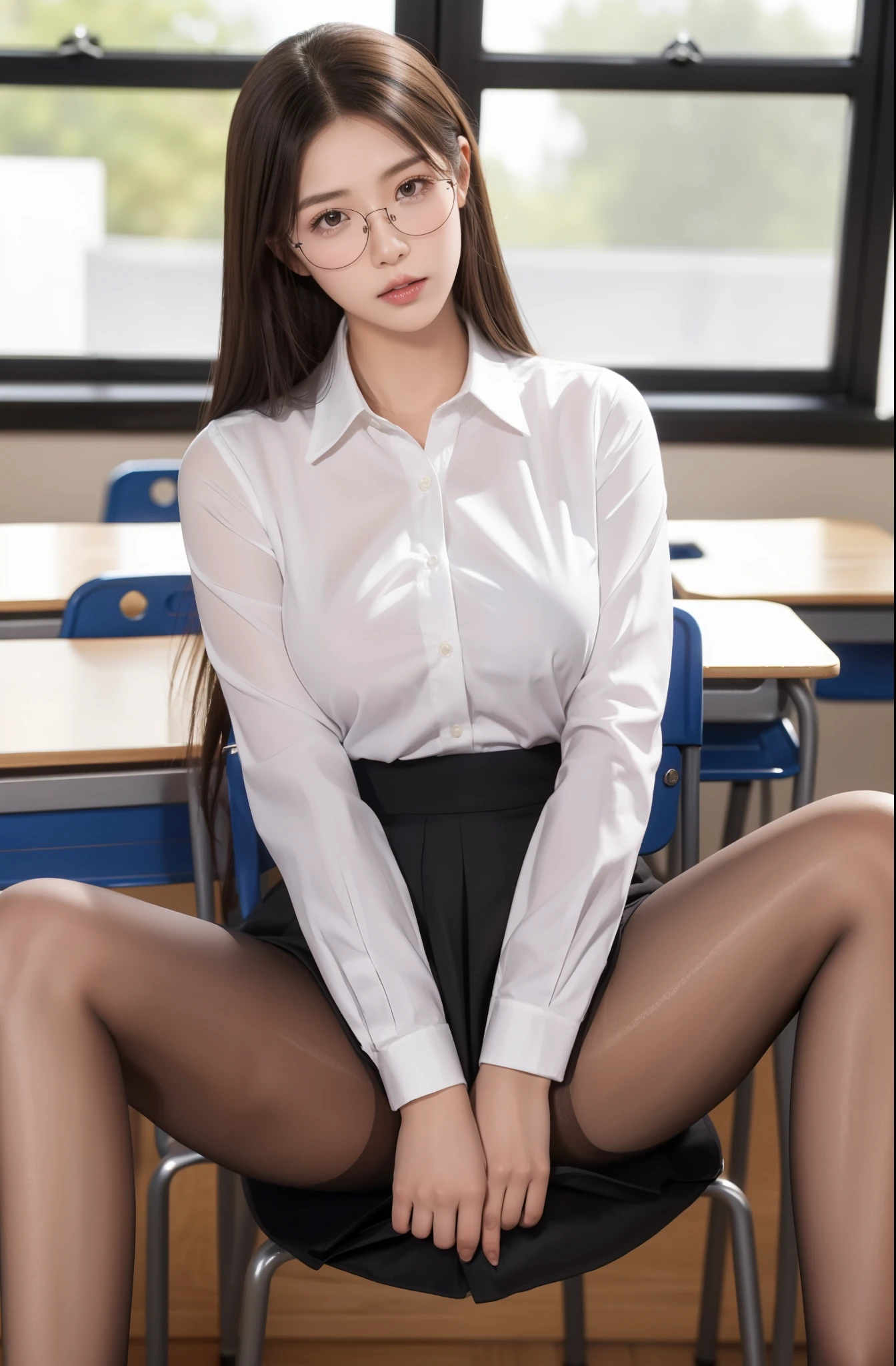 1girl,solo,long hair,breasts,looking at viewer,skirt,brown hair,shirt,black hair,long sleeves,brown eyes,white shirt,pantyhose,glasses,collared shirt,indoors,black skirt,lips,torn clothes,window,chair,desk,pencil skirt,shirt tucked in,classroom,school desk,torn pantyhose,chalkboard,teacher,school,eungirl,spread legs,