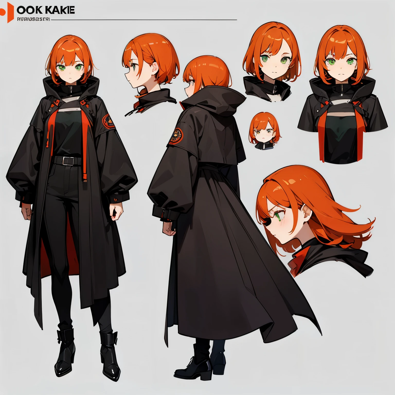 ((Masterpiece, Highest quality)), detailed face, character design sheet， full body, full of details, front view, back view of body, Highly detailed, female, The face looks mysterious., confident , red-orange hair color, short bob style ,The skin color is white., The eyes are dark green., Eyes sharp like a hawk, There is a dark red rim at the corner of the eye.. clothes: The coat is black with green stripes., Long sleeves and hood. Wear a mask with a black hawk.&#39;His mouth covered his mouth and his nose., glove, watch, shorts, The socks are knee high and covered with knee pads., canvas shoes, and holding a futuristic style rifle.