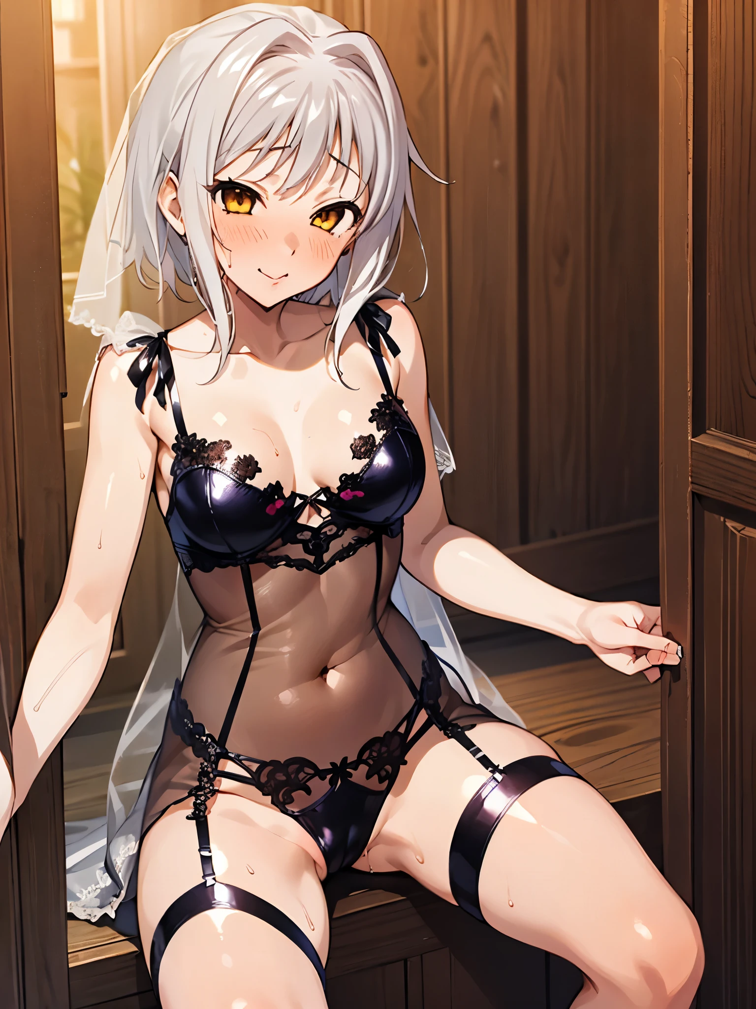 NSFW,(One girl:1.5),koneko toujou (dxd),Gray Hair,short hair,(Wedding Lingerie:1.5),(Perfect hands),(Perfect Anatomy),(masterpiece),(highest quality),Embarrassed,blush