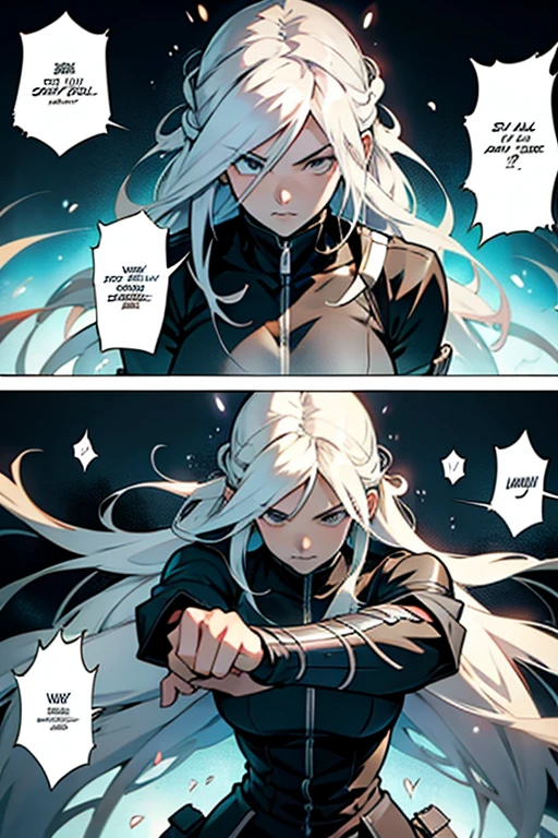 Girl with long white hair intense fighting, manga page with panels and dialogue 