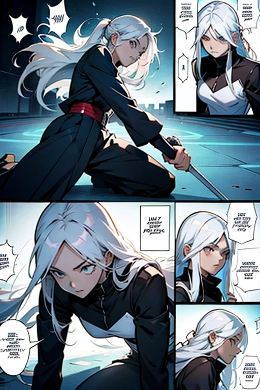 Girl with long white hair intense fighting, manga page with panels and dialogue 