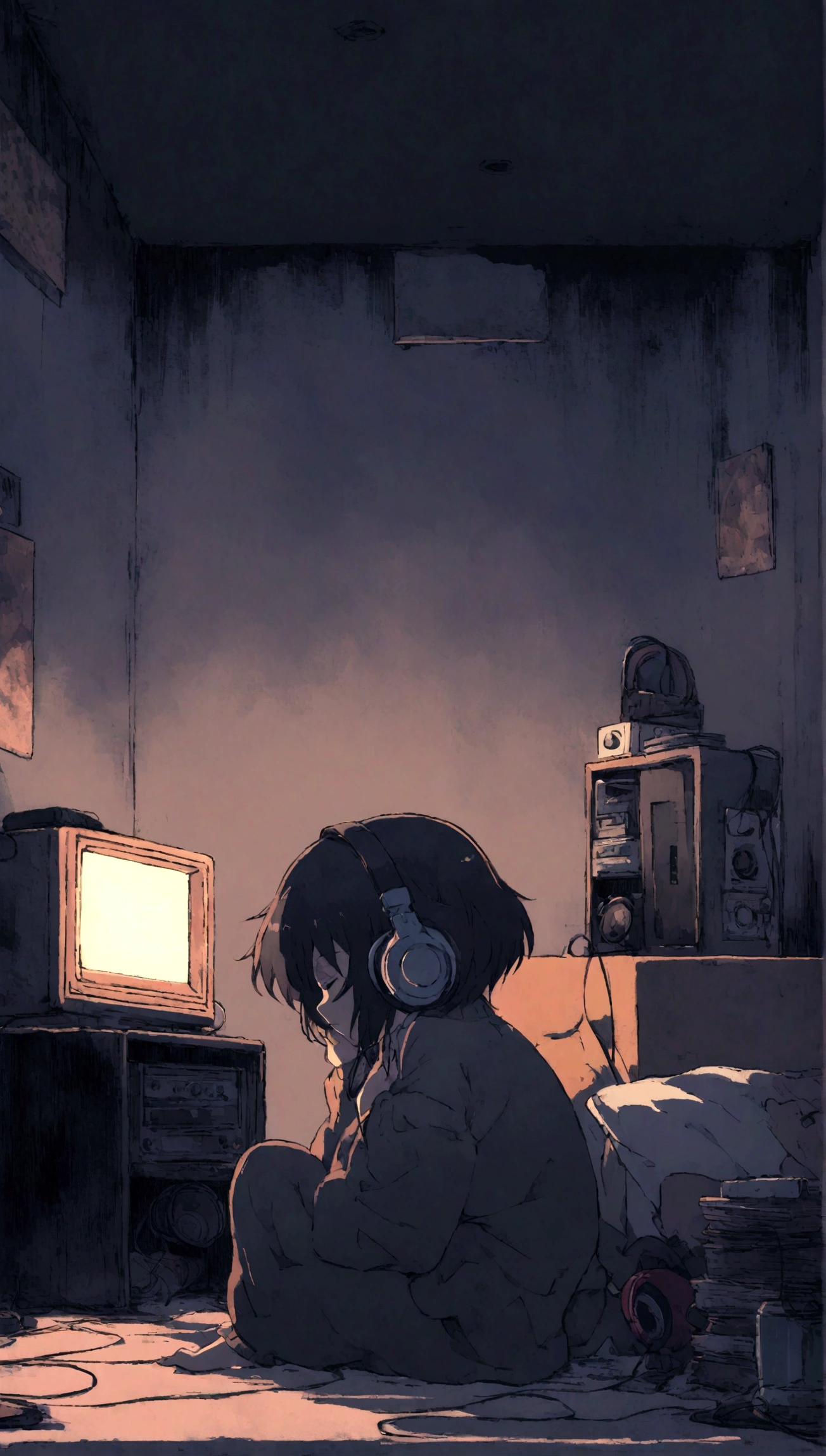 Girl listening to music in a cozy room at night, Use headphones, 2 d anime style, lo fi, hard disk, dark environment、Emo