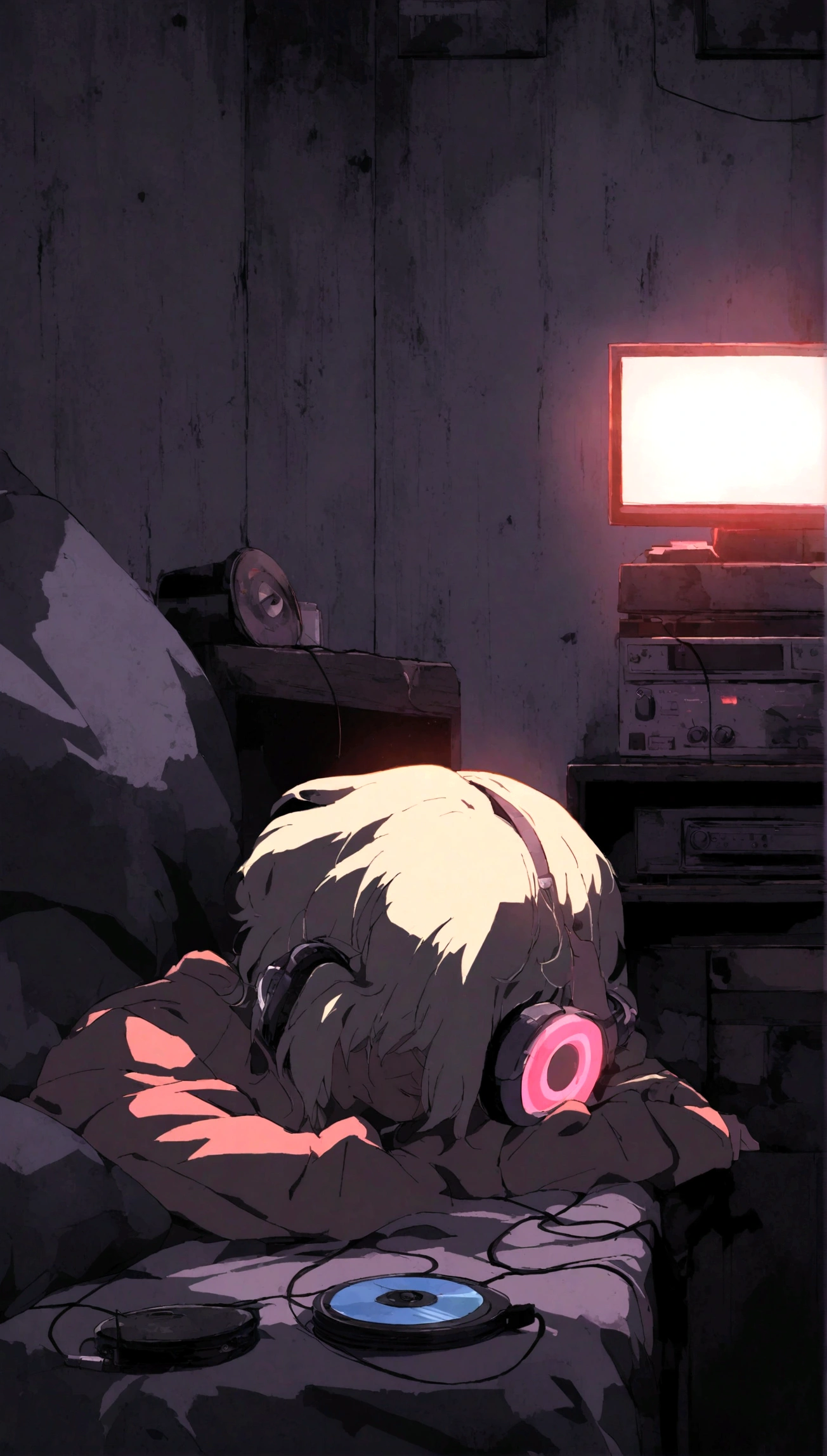 Girl listening to music in a cozy room at night, Use headphones, 2 d anime style, lo fi, hard disk, dark environment、Emo