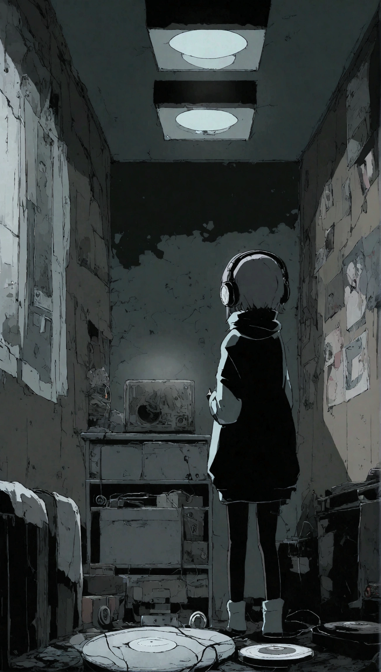 Girl listening to music in a cozy room at night, Use headphones, 2 d anime style, lo fi, hard disk, dark environment、Emo