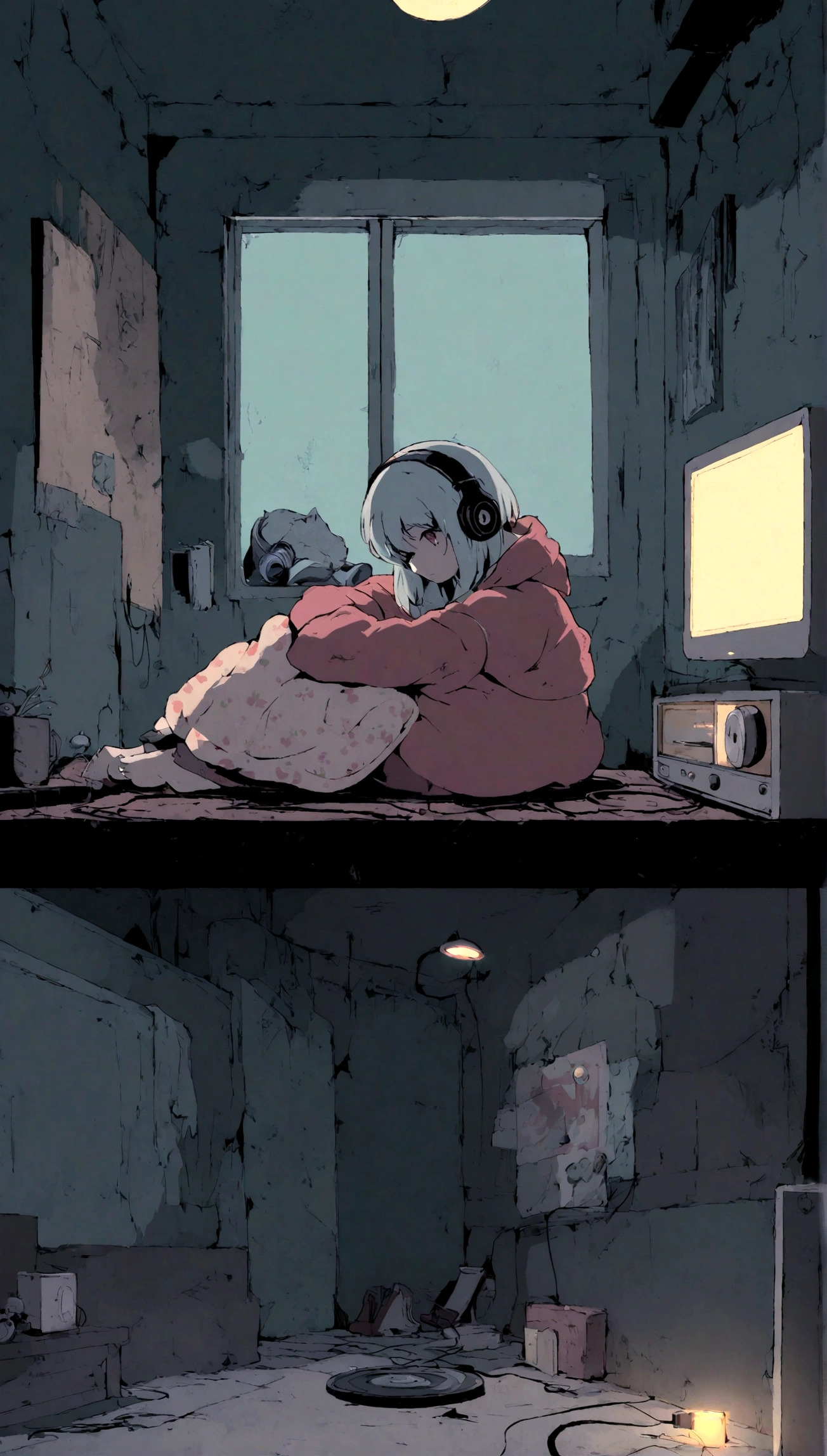Girl listening to music in a cozy room at night, Use headphones, 2 d anime style, lo fi, hard disk, dark environment、Emo