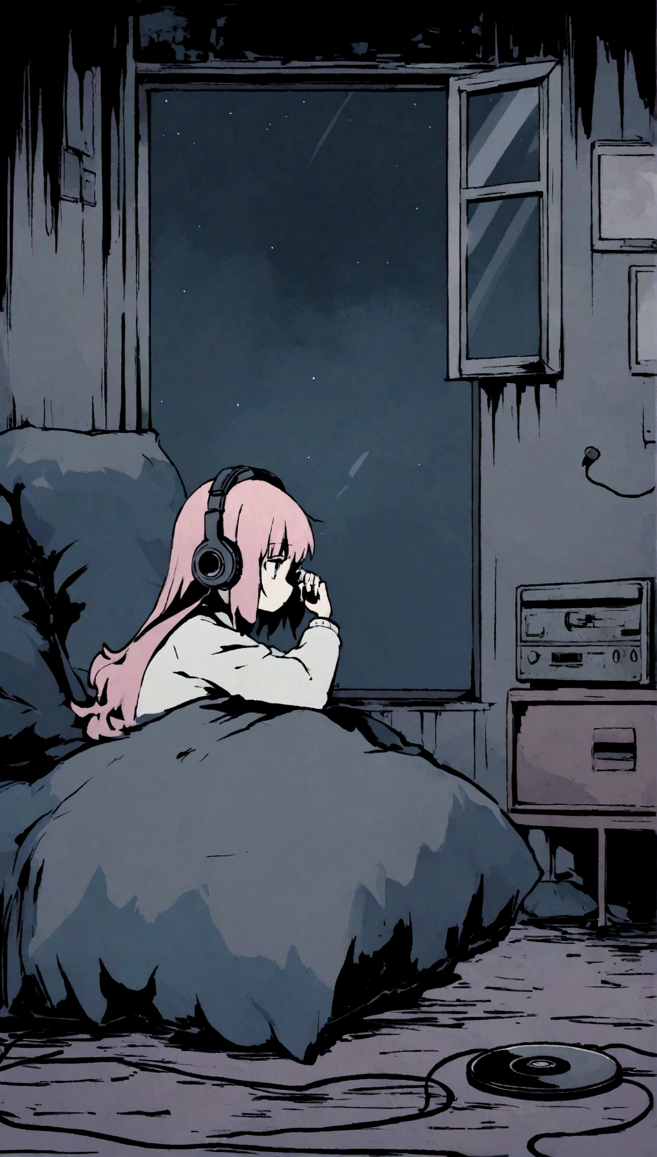 Girl listening to music in a cozy room at night, Use headphones, 2 d anime style, lo fi, hard disk, dark environment、Emo