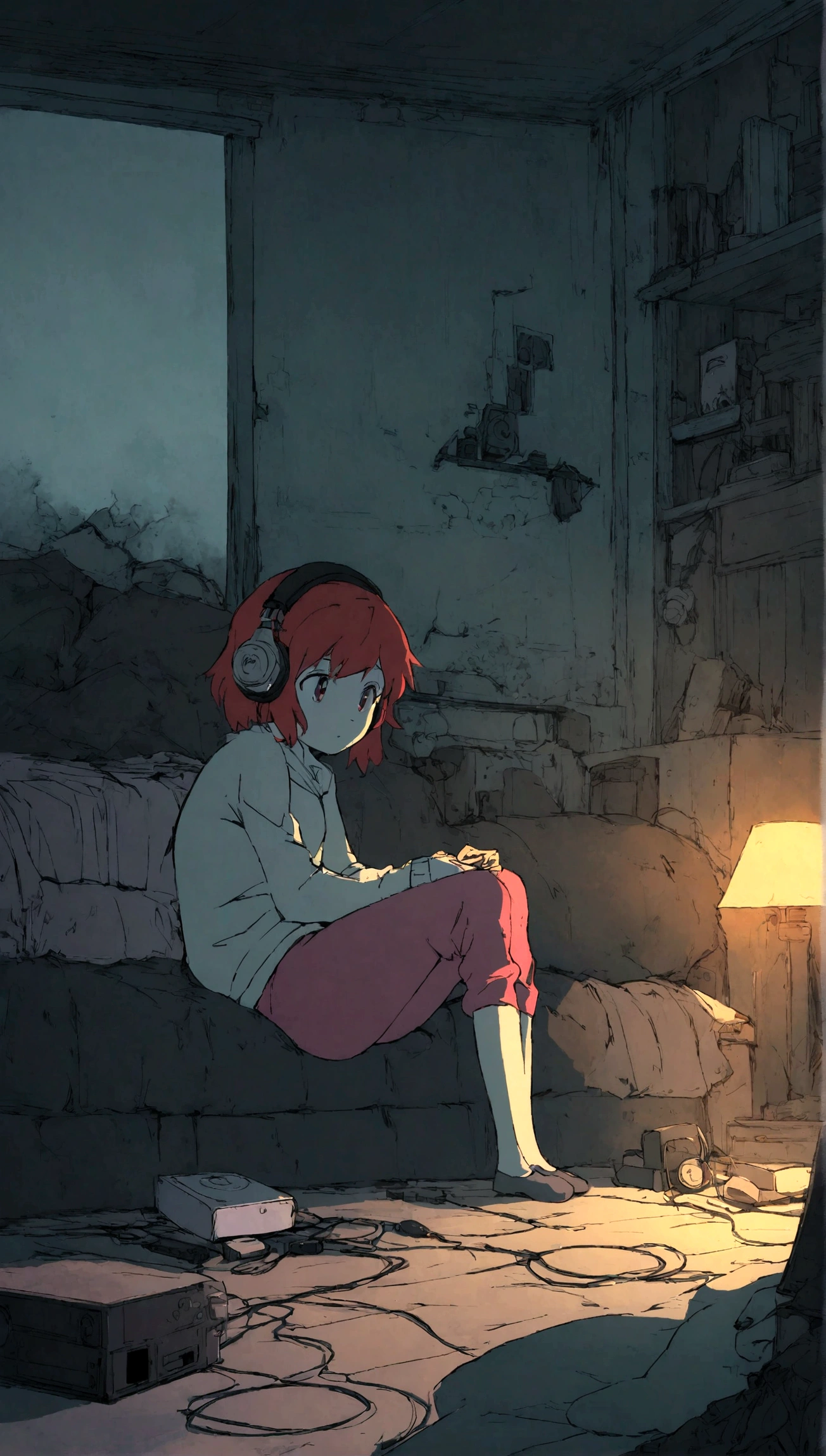 Girl listening to music in a cozy room at night, Use headphones, 2 d anime style, lo fi, hard disk, dark environment、Emo