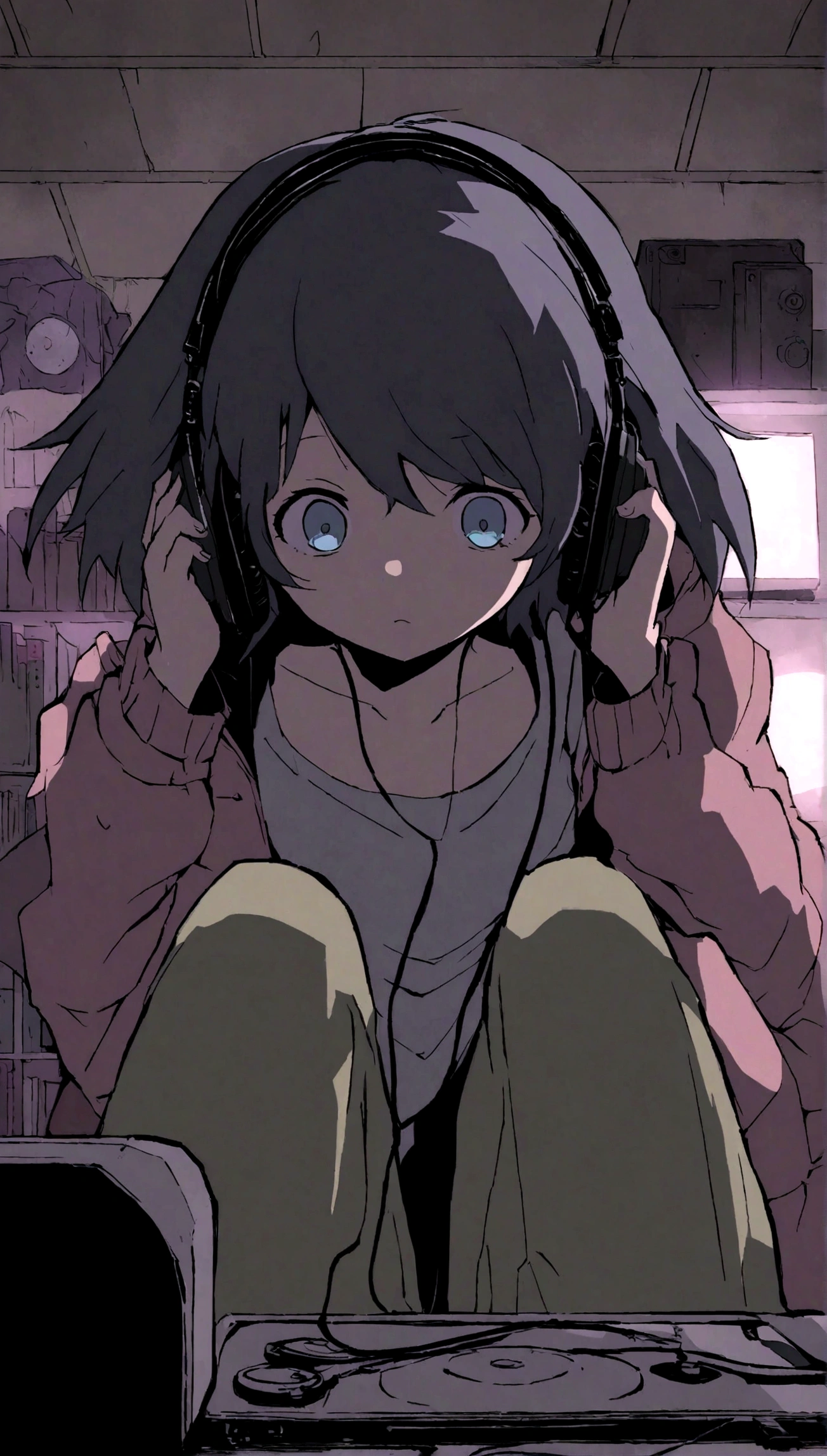 Girl listening to music in a cozy room at night, Use headphones, 2 d anime style, lo fi, hard disk, dark environment、Emo