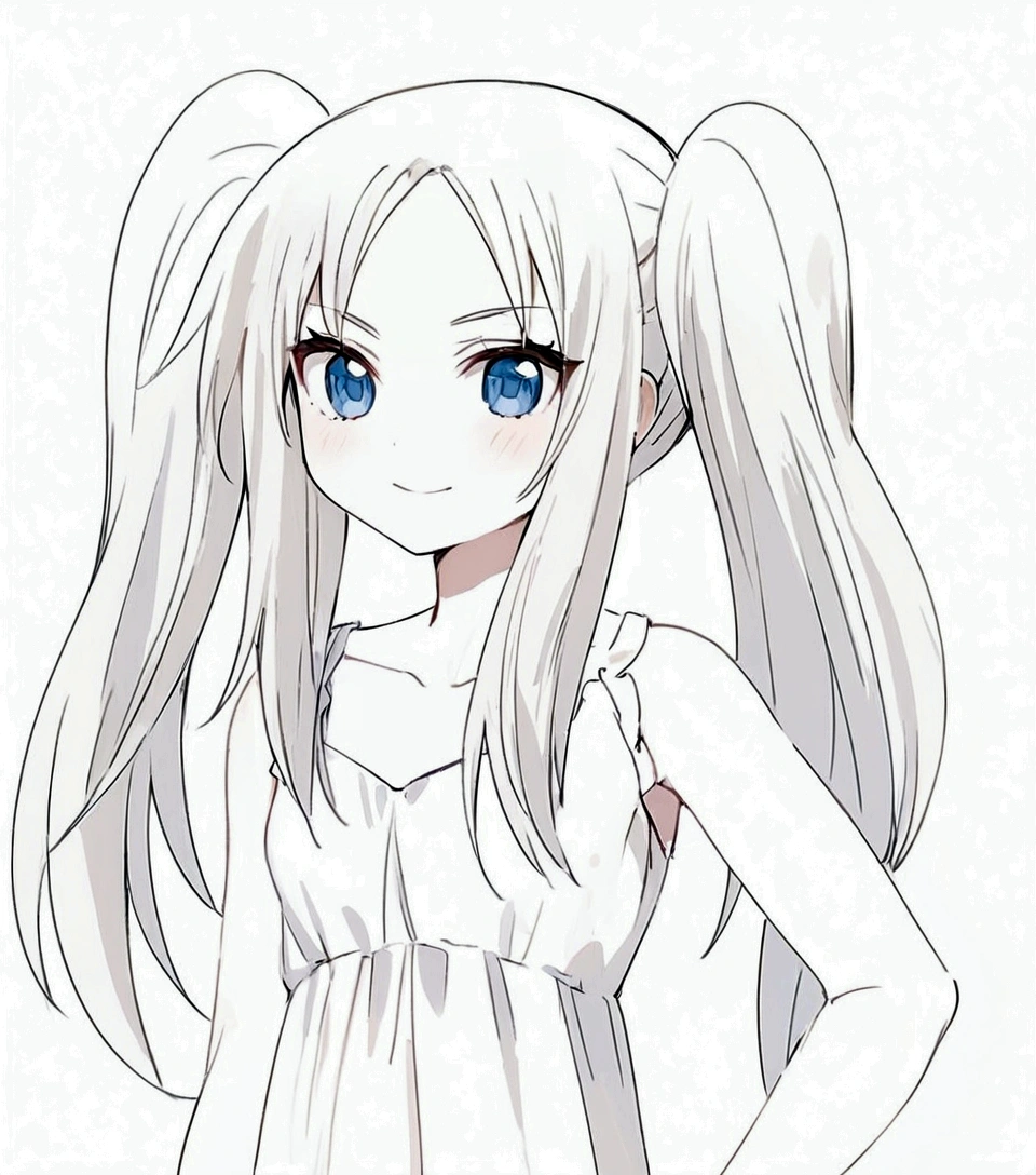 High quality, the masterpiece (one girl). ordinary face. Blue eyes. blonde hair. White dress.