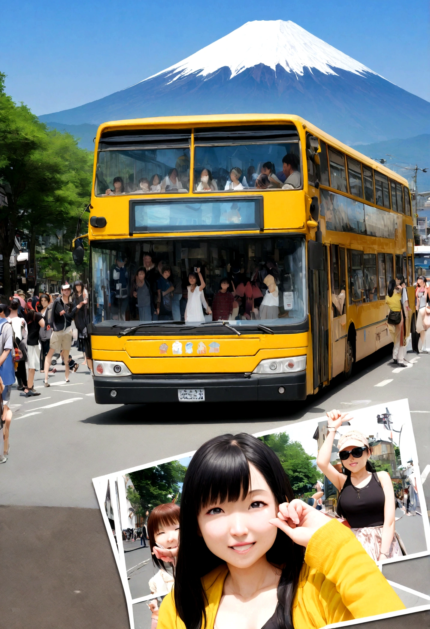 An incredibly beautiful woman、slender、Long Hair、she(Black bikini)Dynamic pose、Looking forward、smile、Detailed face、Detailed chest、He is holding a microphone and explaining to the viewers about Mount Fuji in the background.、Woman in bikini、The background is captured with a wide-angle lens.、arafed group of people standing in front of a yellow bus, With many travelers, sightseeing客 photo, sightseeing客s in background, sightseeing, public bus, sightseeing客 destination, In such a way, sightseeing客, bus, Touring, cool marketing photo, stylish, Group photo, 2008, Long-distance shots, 2 0 0 8, Strike a pose for the camera, 2 0 0 9
