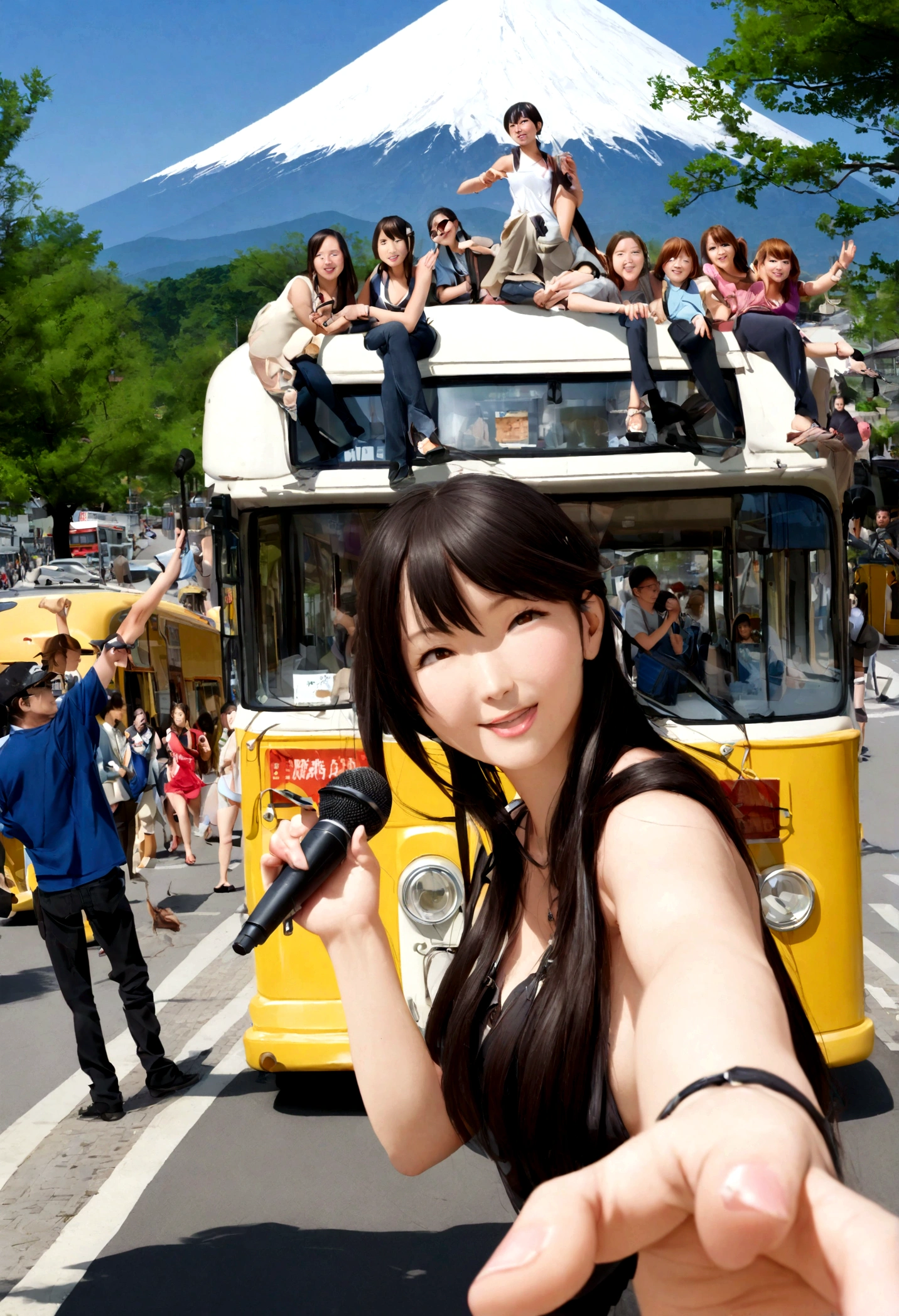 An incredibly beautiful woman、slender、Long Hair、she(Black bikini)Dynamic pose、Looking forward、smile、Detailed face、Detailed chest、He is holding a microphone and explaining to the viewers about Mount Fuji in the background.、Woman in bikini、The background is captured with a wide-angle lens.、arafed group of people standing in front of a yellow bus, With many travelers, sightseeing客 photo, sightseeing客s in background, sightseeing, public bus, sightseeing客 destination, In such a way, sightseeing客, bus, Touring, cool marketing photo, stylish, Group photo, 2008, Long-distance shots, 2 0 0 8, Strike a pose for the camera, 2 0 0 9