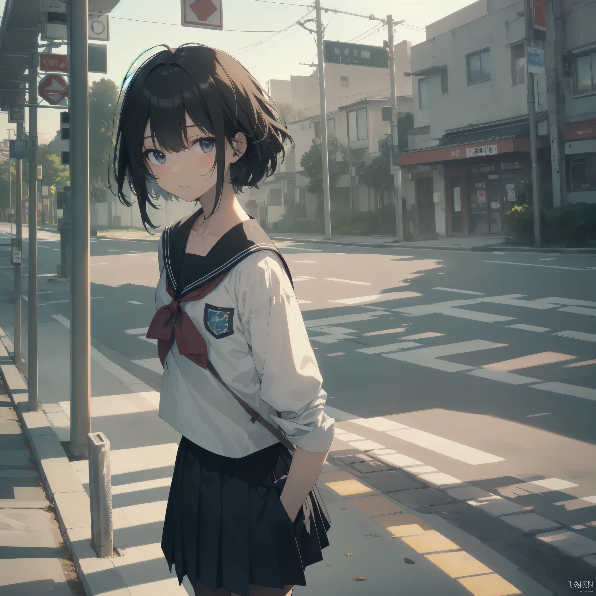 ultra-absurdres-Top quality by artist God, ultra-detailed, high resolution, anime moe artstyle, best anime 8k konachan wallpaper, pixiv contest winner, pool:2810, perfect anatomy,break, 1girl, (Please draw a girl walking sleepily to school alone. )break,(Solo,little female, 13-year-old:1.3),Full limbs, complete fingers,a junior high school student, (very short hair), short cut, flat chest, , small butt, small black eyes, beautiful detailed eyes, well-proportioned iris and pupils, expressive eyes, highres detailed hair, soft expression, salor school_uniform, sailor collar, serahuku, bow, pleated skirt,(Detailed Lighting), (Detailed background), in the School commute route. break,super detailed skin, Best cinematic lighting powered by famous artist, 8k,beauty illustration,photoshop_(medium),very aesthetic,break,((artist:taisa_(kari) )), artist:clamp ,artist:carnelian ,artist:kantoku ,