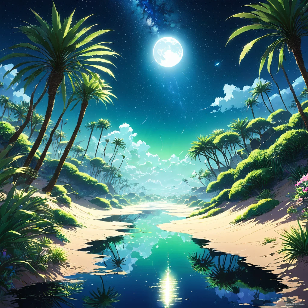 desert, oasis, night, moon, moon明かり, star, star空, milky way, Silence, Tranquility, water, water面, reflection, Palm tree, silhouette, Shadow, Sand Dunes, Wind lines, green, blue, 群green色, black, white, silver, mystery的, Fantasy, beautiful, grow, Magnificent, Cold air, Warm air, Temperature difference, mirage, animal, Fox, Scorpion, Snake, bird, owl, Bat, plant, Cactus, flower, bloom, vitality, contrast, dramatic, Shadow絵, mystery, Romance, expedition, adventure, Lonely, Silenceの世界, time, forever, Take a deep breath, Healing, peace, desertの宝石, Hidden Paradise,beautiful Anime Scenery, Landscape painting, beautifulデジタル絵画, Andreas Rocha, beautifulアートワークのイラスト, Awesome Wallpapers, Raymond Han, 背の高いbeautiful絵画, Studio Greeble Makoto Shinkai, beautiful壁紙, Anime Scenery