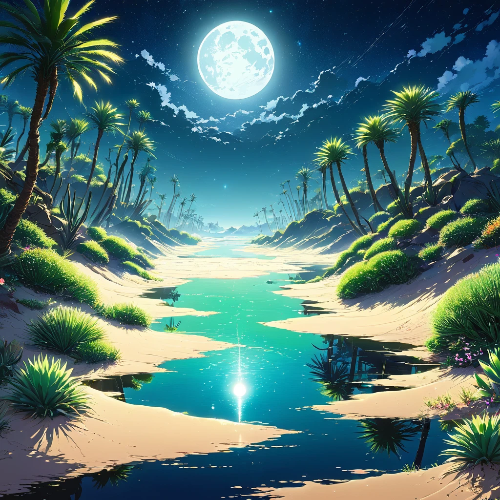 desert, oasis, night, moon, moon明かり, star, star空, milky way, Silence, Tranquility, water, water面, reflection, Palm tree, silhouette, Shadow, Sand Dunes, Wind lines, green, blue, 群green色, black, white, silver, mystery的, Fantasy, beautiful, grow, Magnificent, Cold air, Warm air, Temperature difference, mirage, animal, Fox, Scorpion, Snake, bird, owl, Bat, plant, Cactus, flower, bloom, vitality, contrast, dramatic, Shadow絵, mystery, Romance, expedition, adventure, Lonely, Silenceの世界, time, forever, Take a deep breath, Healing, peace, desertの宝石, Hidden Paradise,beautiful Anime Scenery, Landscape painting, beautifulデジタル絵画, Andreas Rocha, beautifulアートワークのイラスト, Awesome Wallpapers, Raymond Han, 背の高いbeautiful絵画, Studio Greeble Makoto Shinkai, beautiful壁紙, Anime Scenery